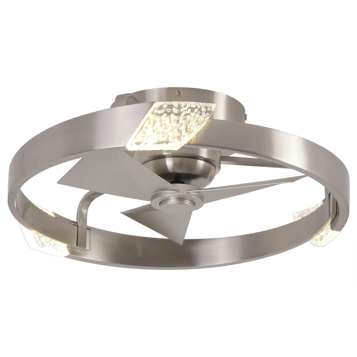 Satin nickel flush-mount LED ceiling fan with circular blades and built-in light