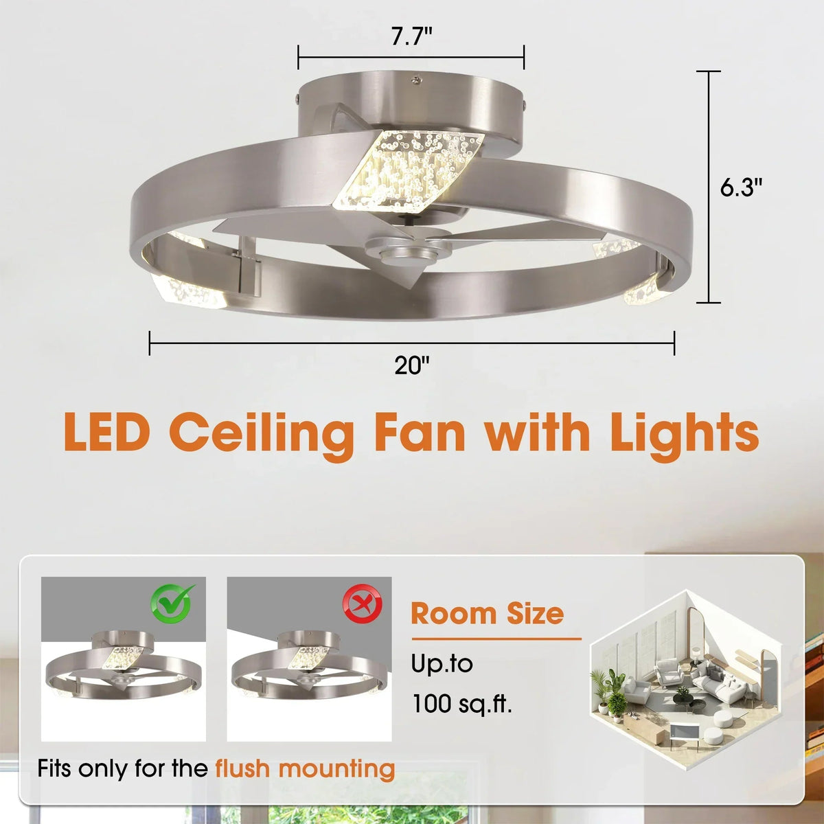 Parrot Uncle 20-Inch Hazel Satin Nickel Flush Mount LED Ceiling Fan with Remote Control (F3009)