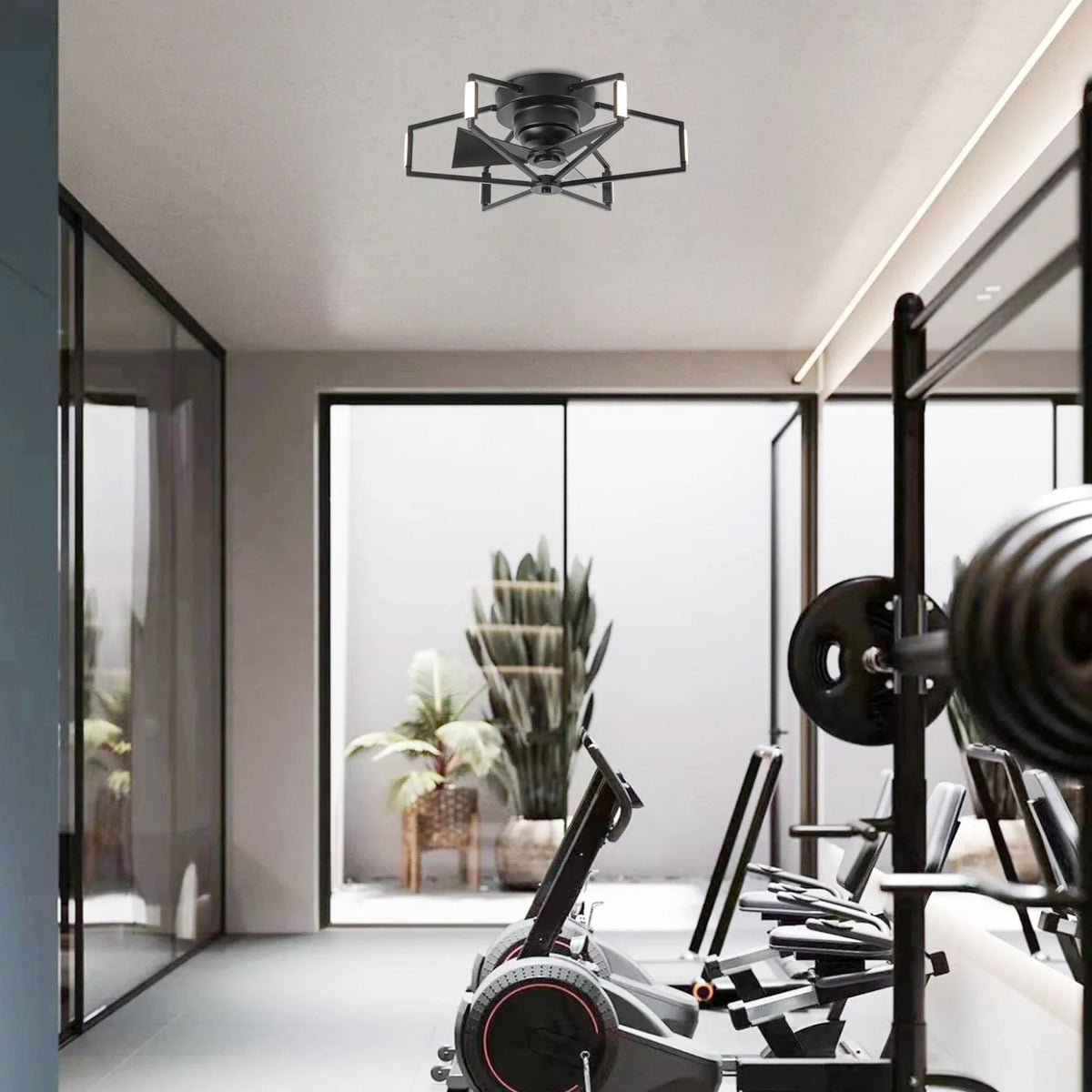 Black industrial LED flush-mount ceiling fan with rectangular light frame and central motor