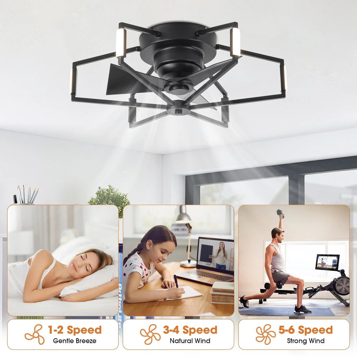 Parrot Uncle 21-Inch Wade Black Industrial Flush Mount LED Ceiling Fan (F3010)