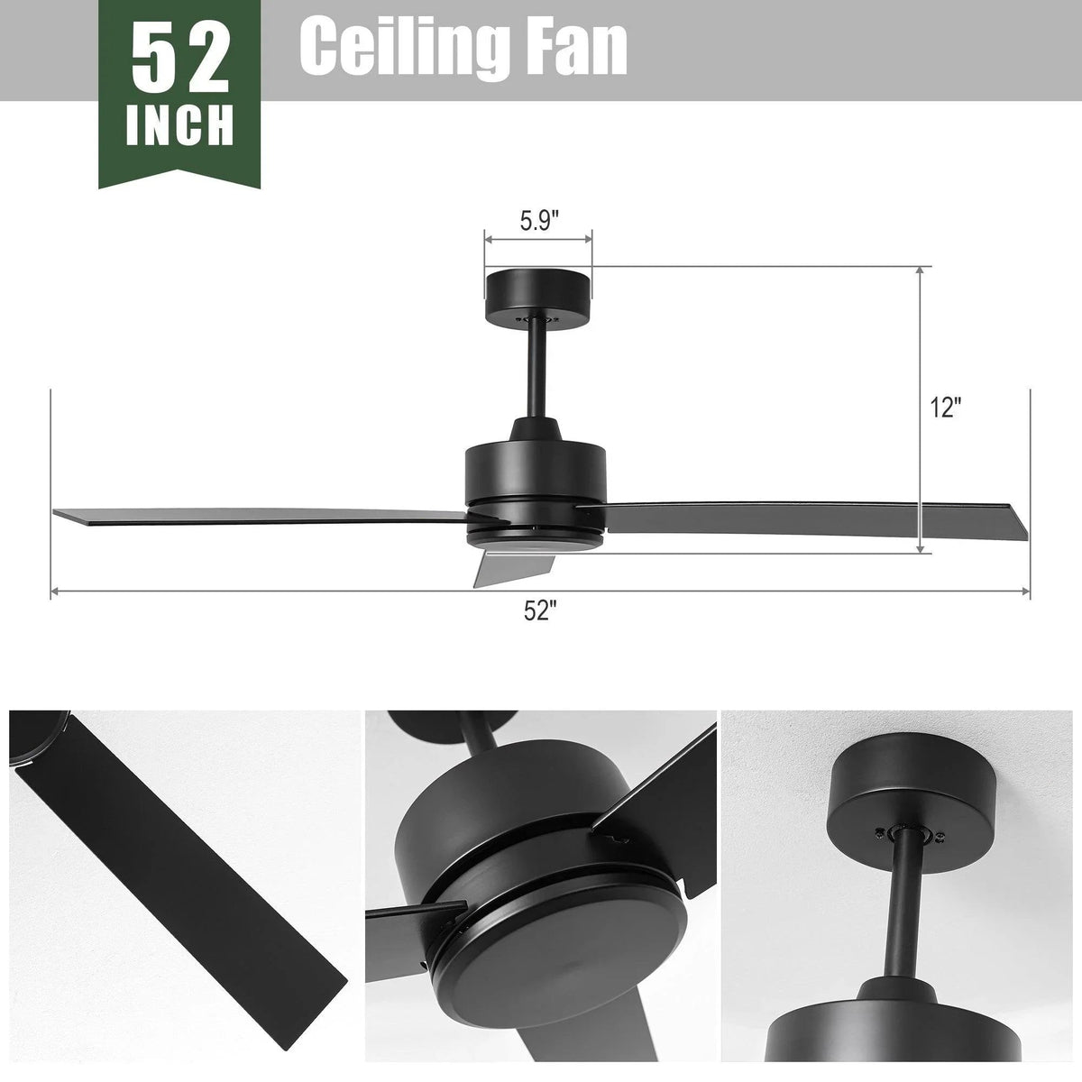 Black 52-inch 3-blade ceiling fan with downrod mount and ceiling canopy
