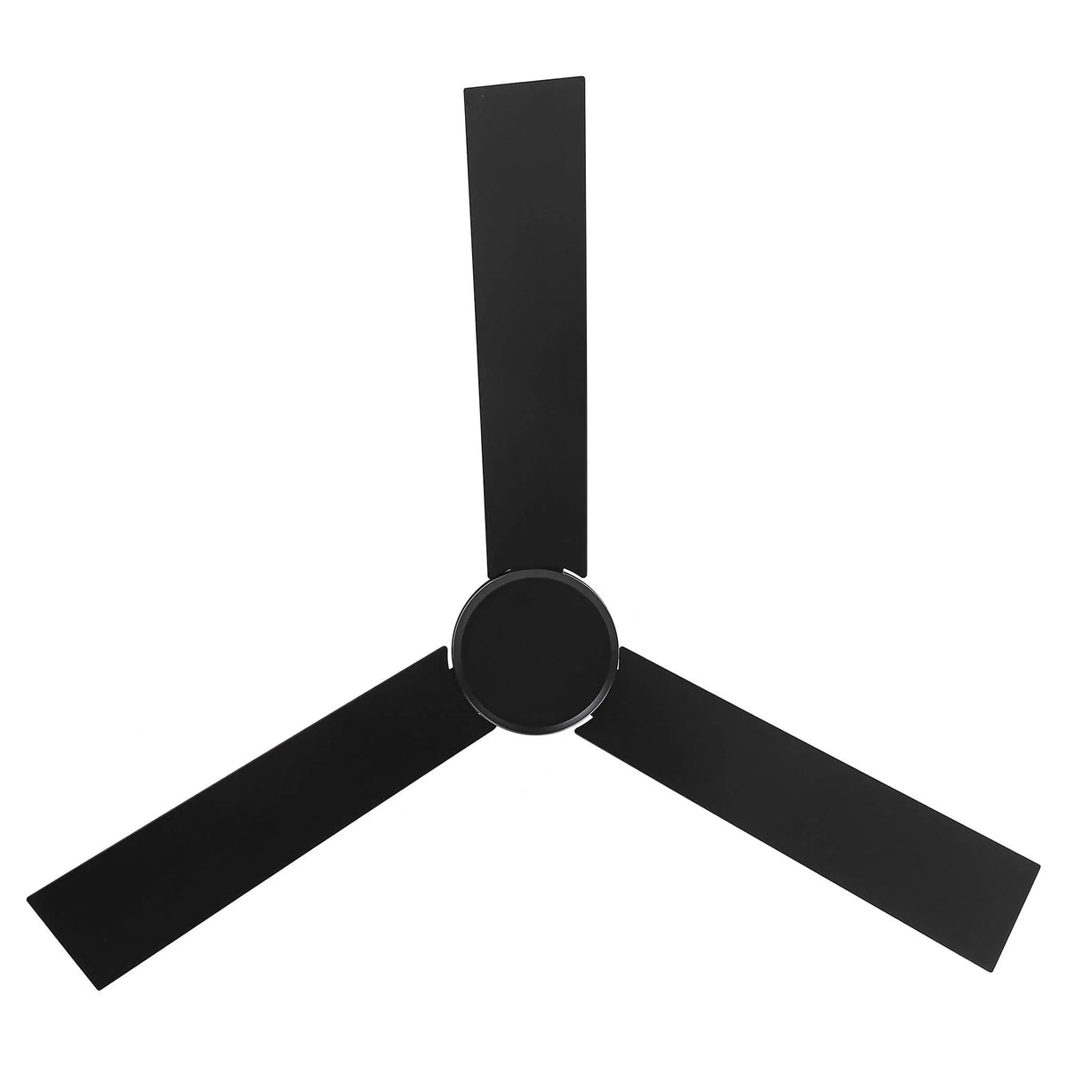Black three-blade ceiling fan with central motor hub and vertical downrod