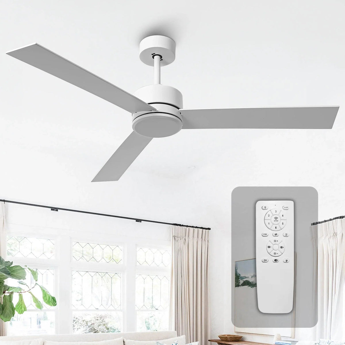 White 3-blade ceiling fan with remote control on the wall