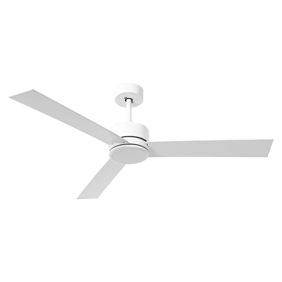 White 3-blade ceiling fan with downrod mount and central motor housing