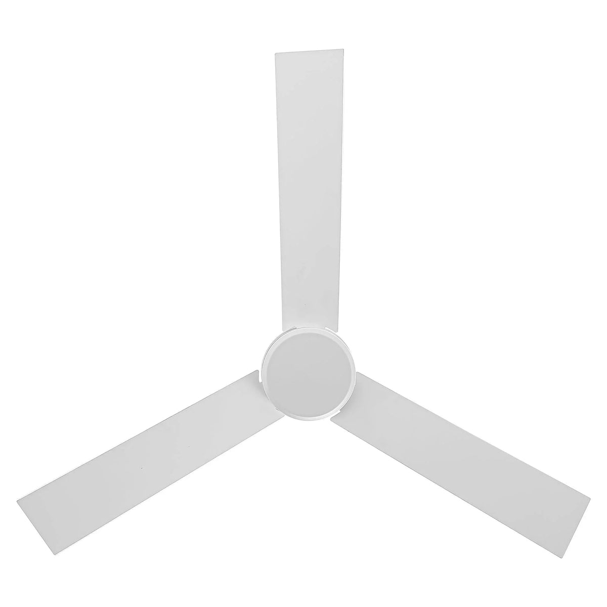 White three-blade ceiling fan with circular motor hub and vertical downrod