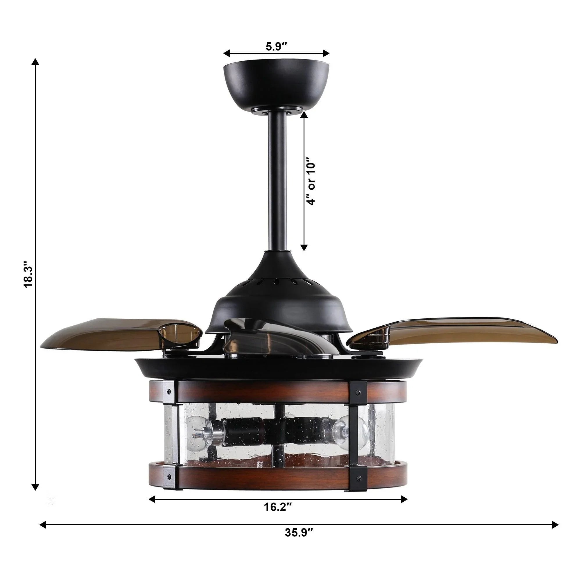 Black industrial ceiling fan with wood blades, integrated light, and glass housing