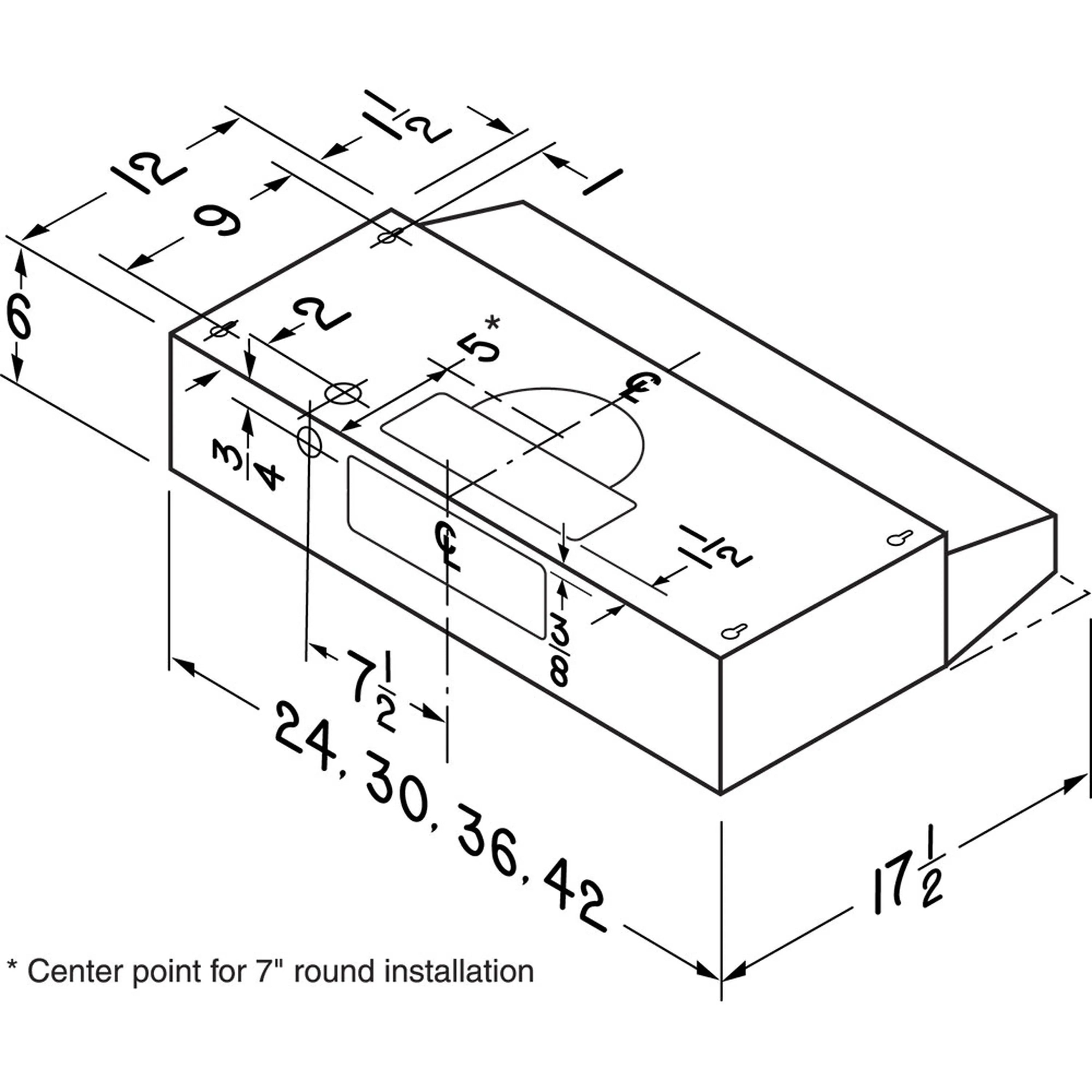 Broan-NuTone range hood mounting dimensions diagram with measurements
