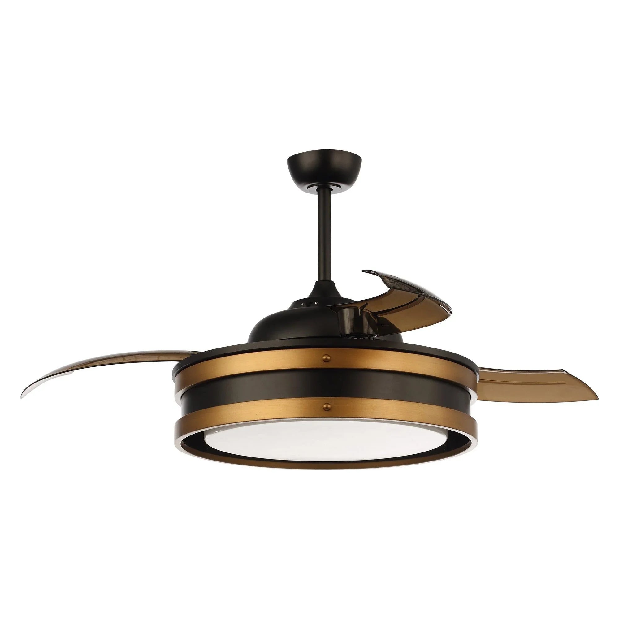 Black smart ceiling fan with LED light ring and bronze blades, ceiling-mounted.