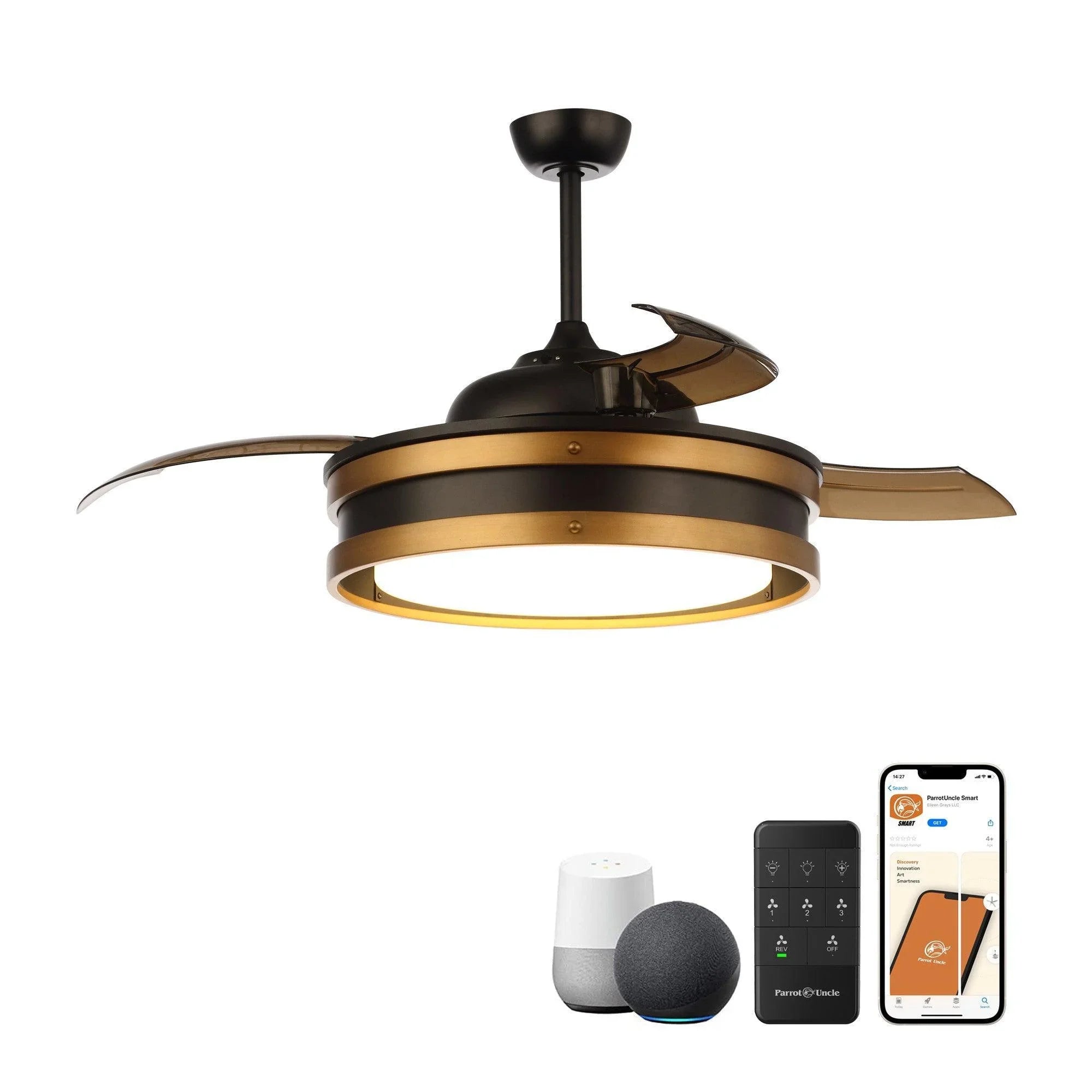 Black ceiling smart fan with LED light, plus smart speaker and phone app