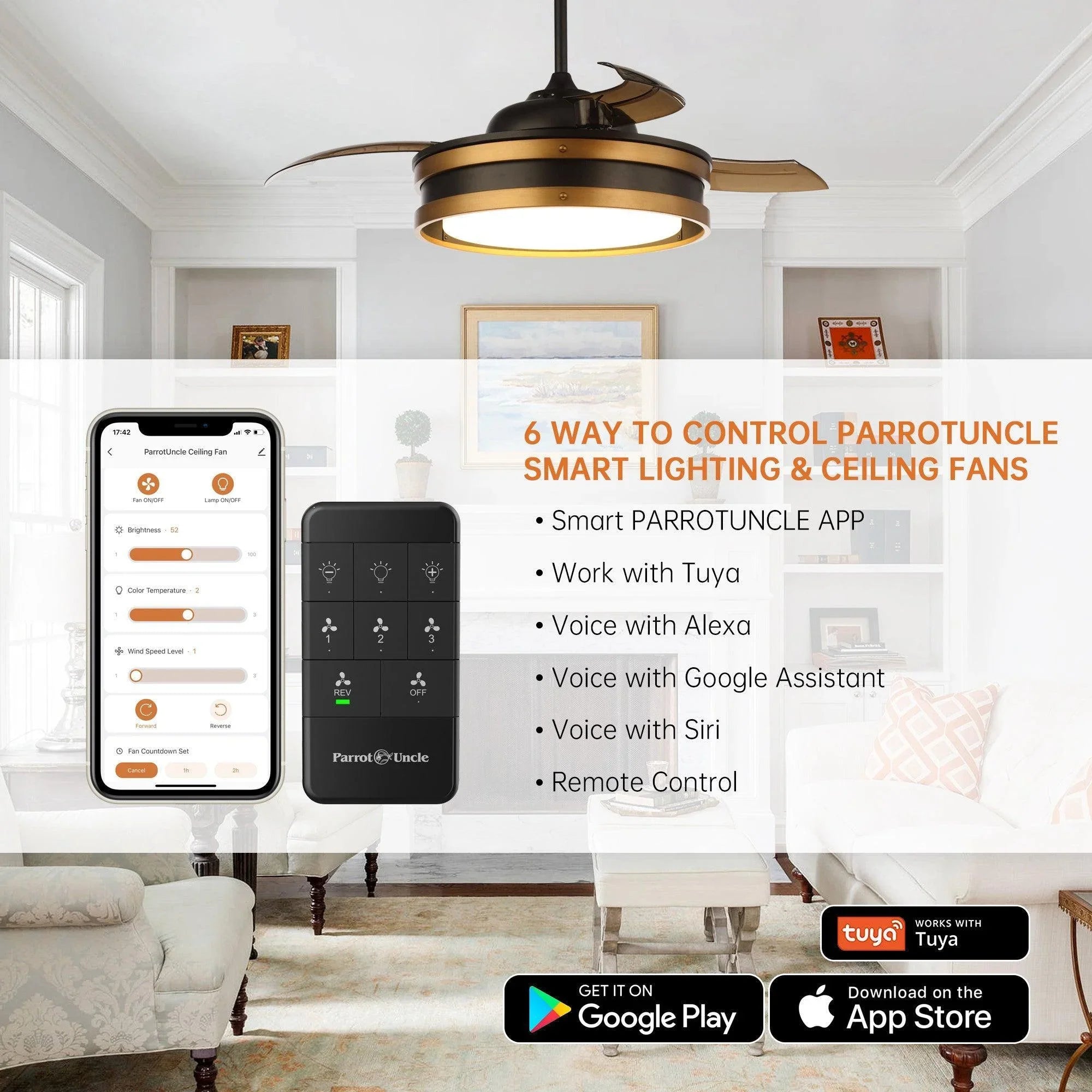 Black ceiling smart fan with LED light, smartphone and control panel shown