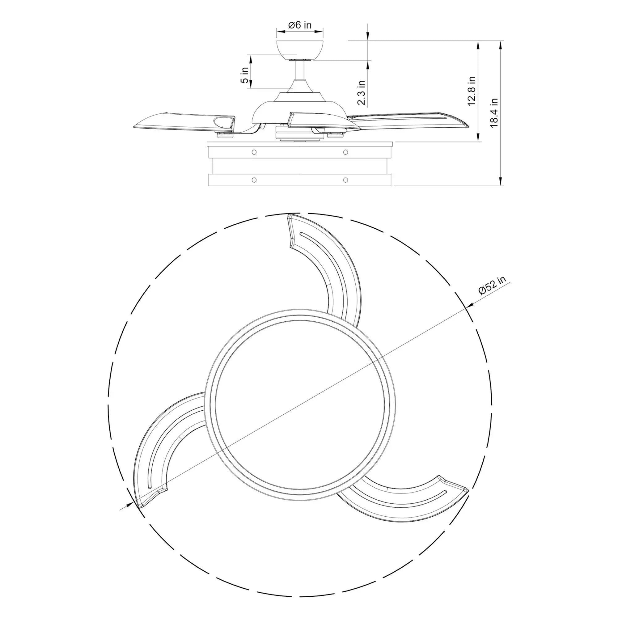Ceiling smart fan design diagram with LED ring and three blades