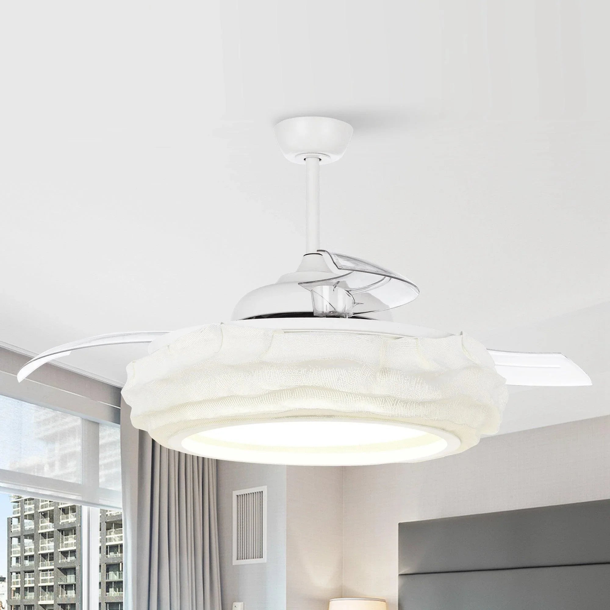 White ceiling fan with LED light, close view of clear housing and fabric-look blades