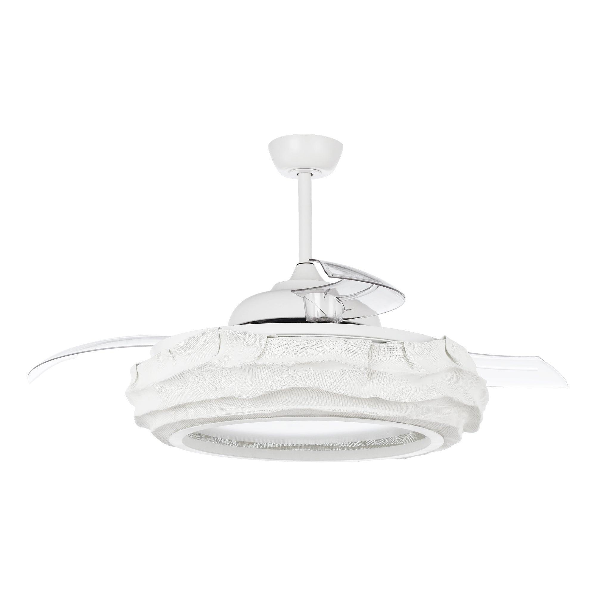 White ceiling fan with LED light and fabric-look blades, front view with clear metal housing