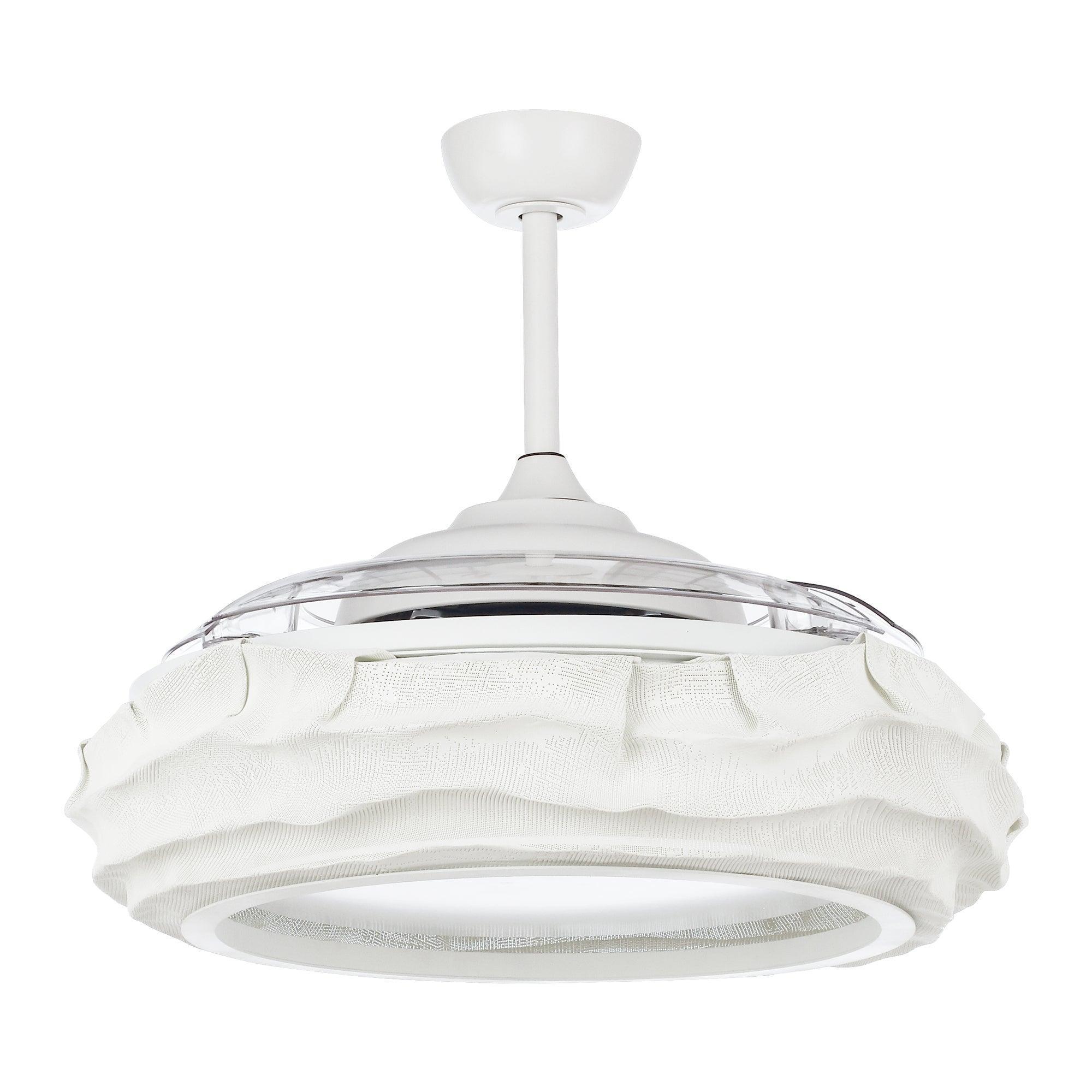 White ceiling fan with LED light, centered view of clear dome and fabric-look blades
