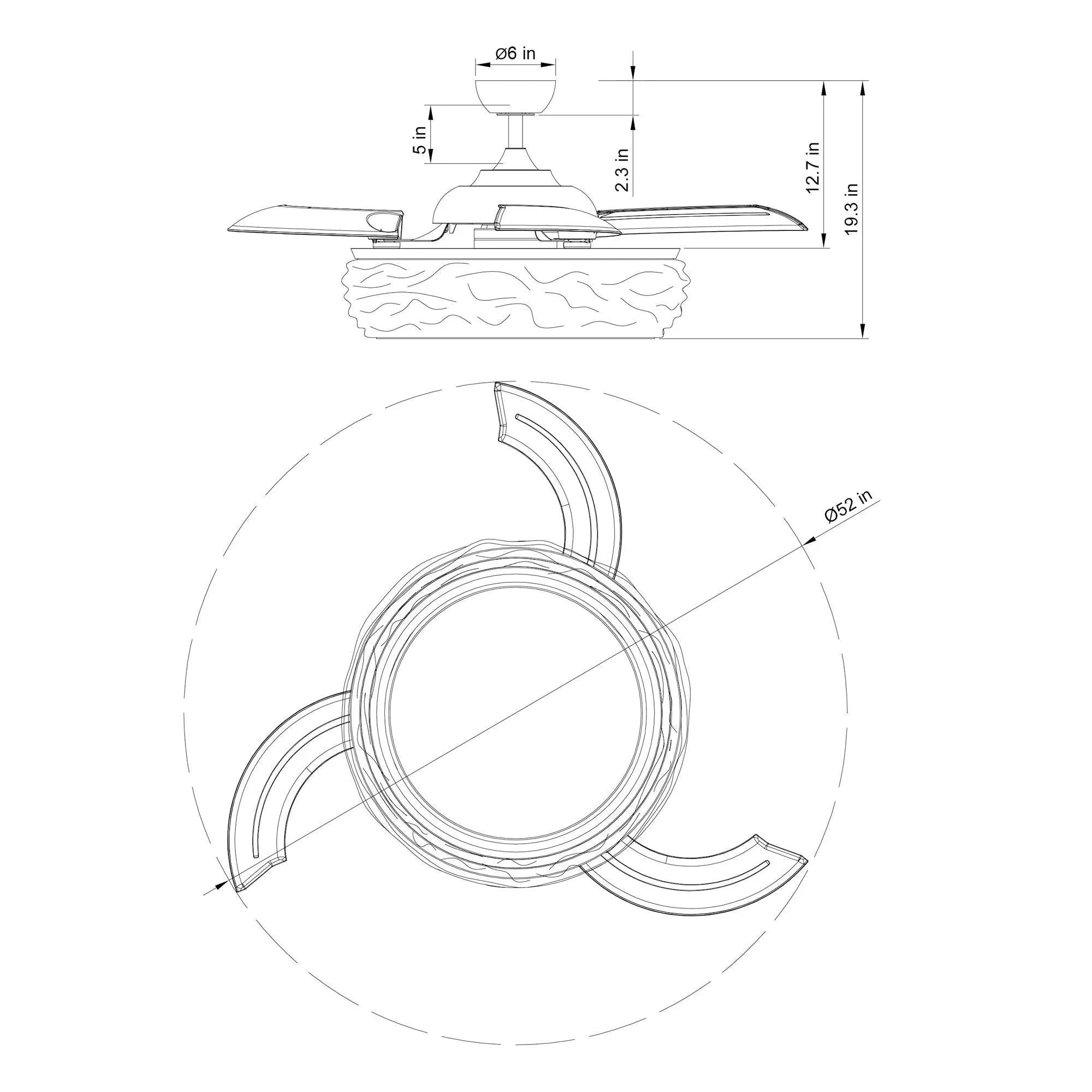 White ceiling fan with LED light housing and blades, line-art design view
