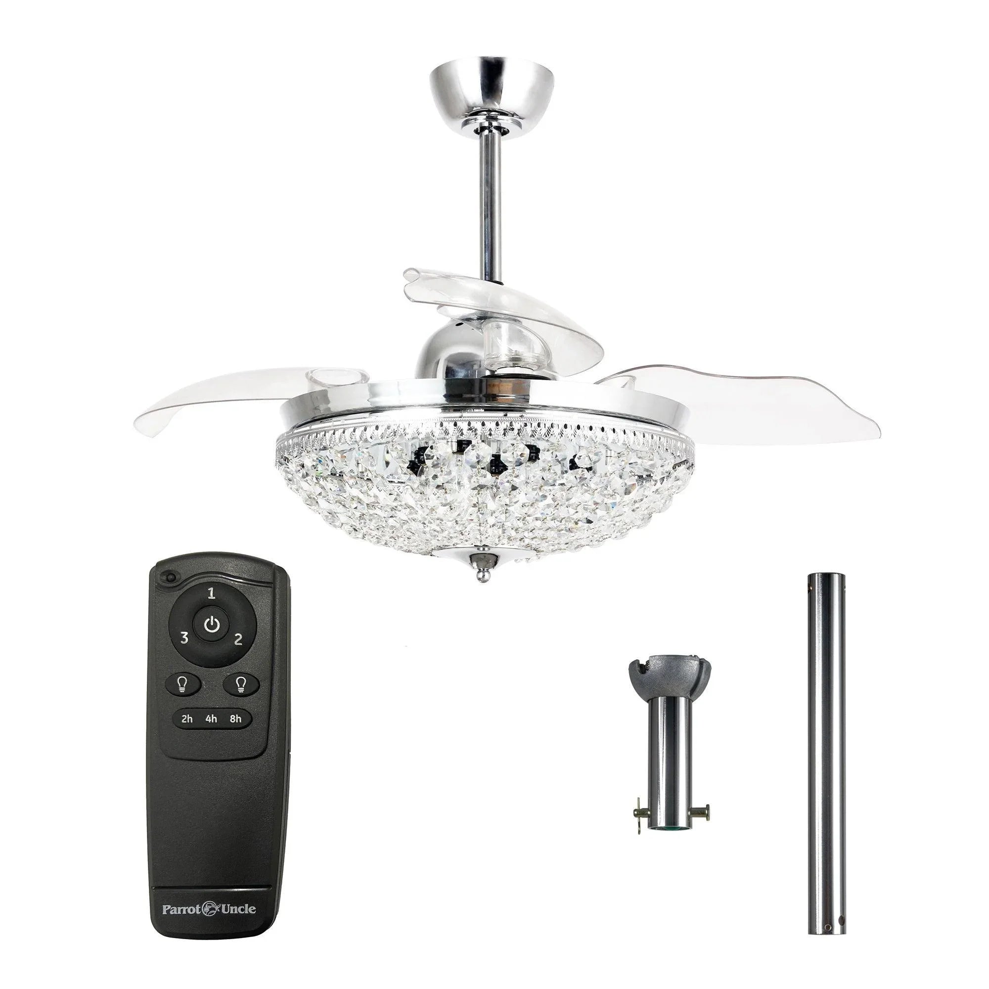 Black ceiling fan with crystal light, clear blades, and included remote control
