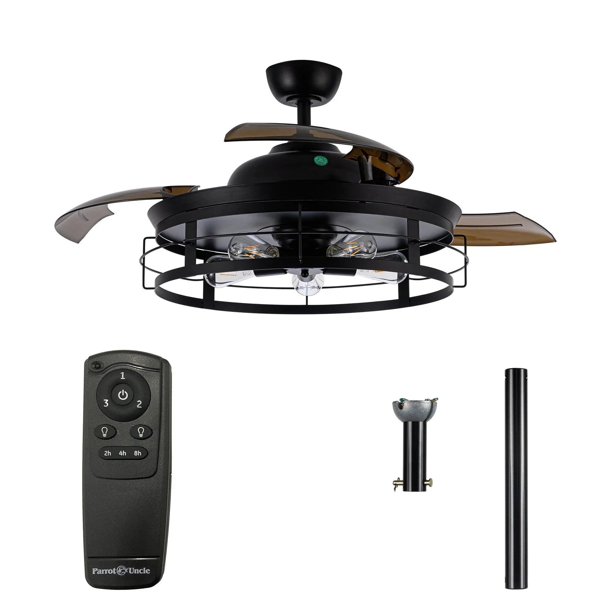 Black industrial ceiling fan with light fixture, remote control and downrod included