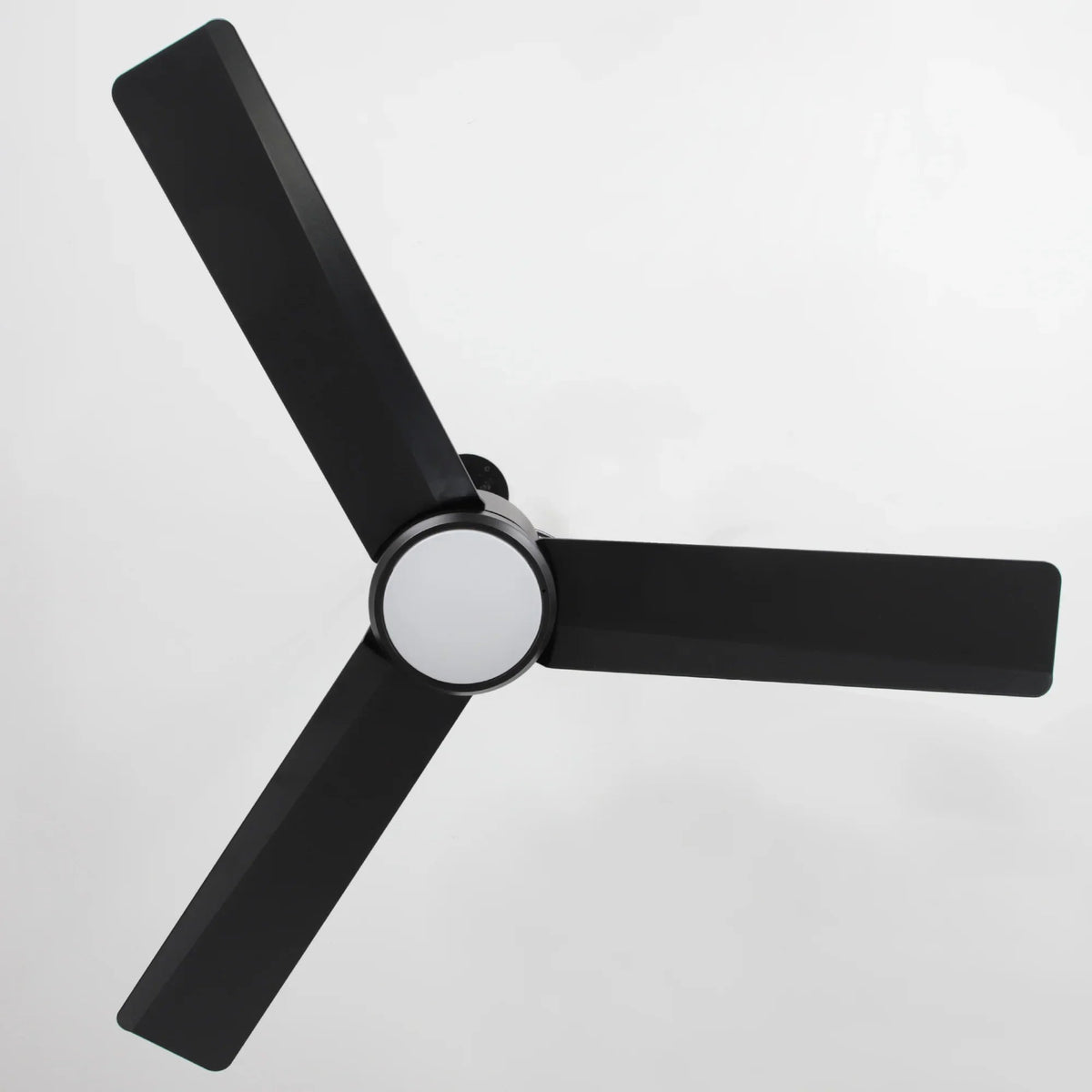 Black ceiling fan with round LED light ring and three blades, angled blade view