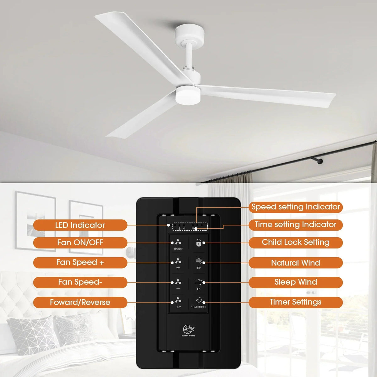 Parrot Uncle 50-Inch Rae Modern Downrod Mount LED Ceiling Fan with Remote Control (F5005-L)
