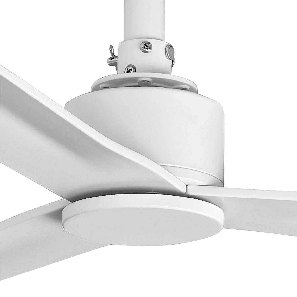 White ceiling fan motor housing with blade and downrod mount close-up