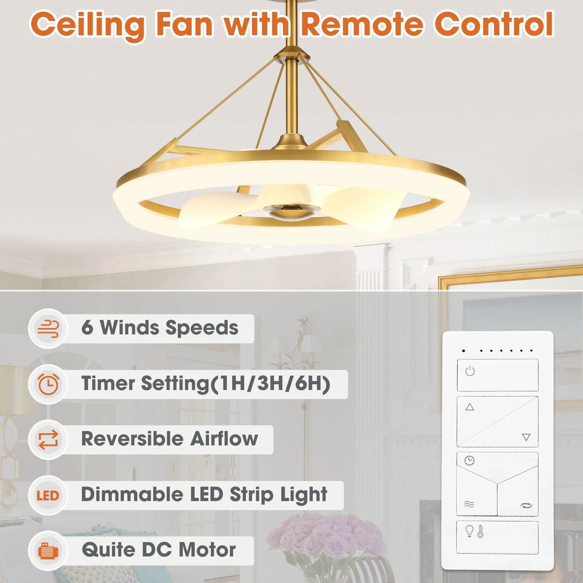Gold ceiling fan with integrated LED strip lights and a handheld remote control.