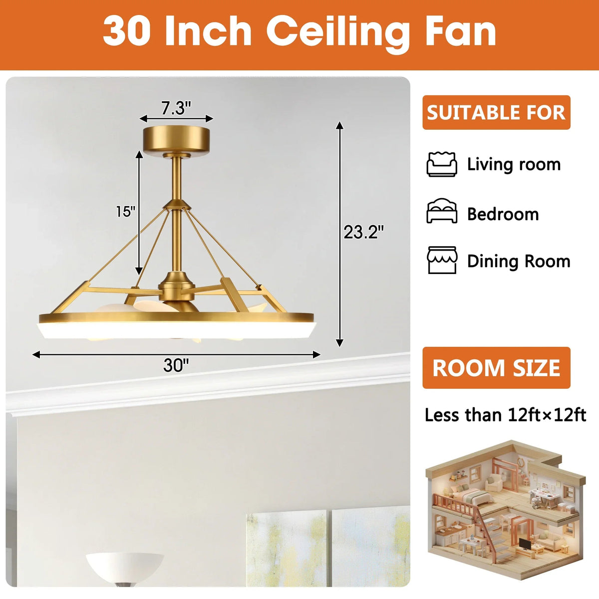Gold 30-inch ceiling fan with light fixture and hanging rod size diagram.