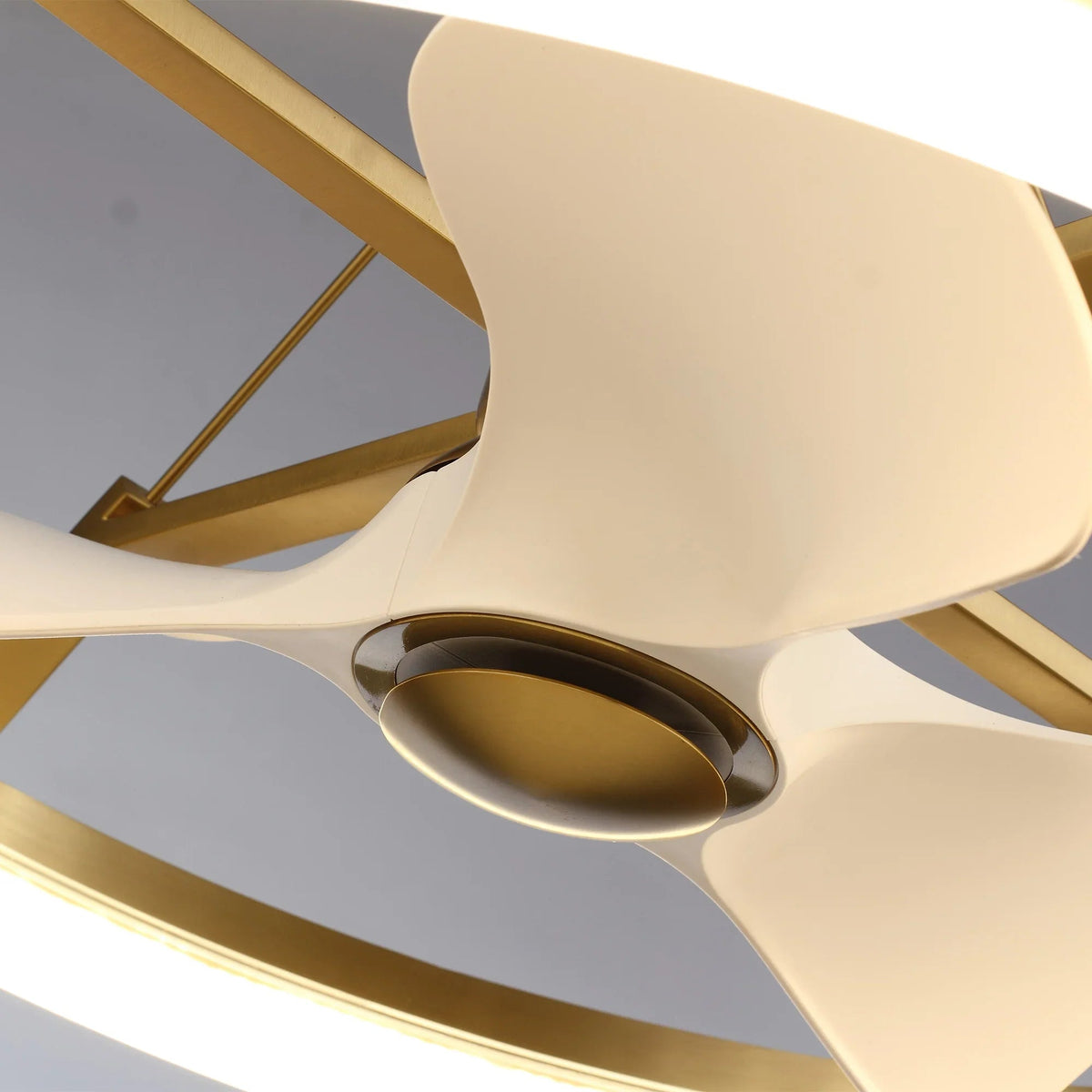 Gold ceiling fan light fixture with frosted dome and three blade arms on a white ceiling.