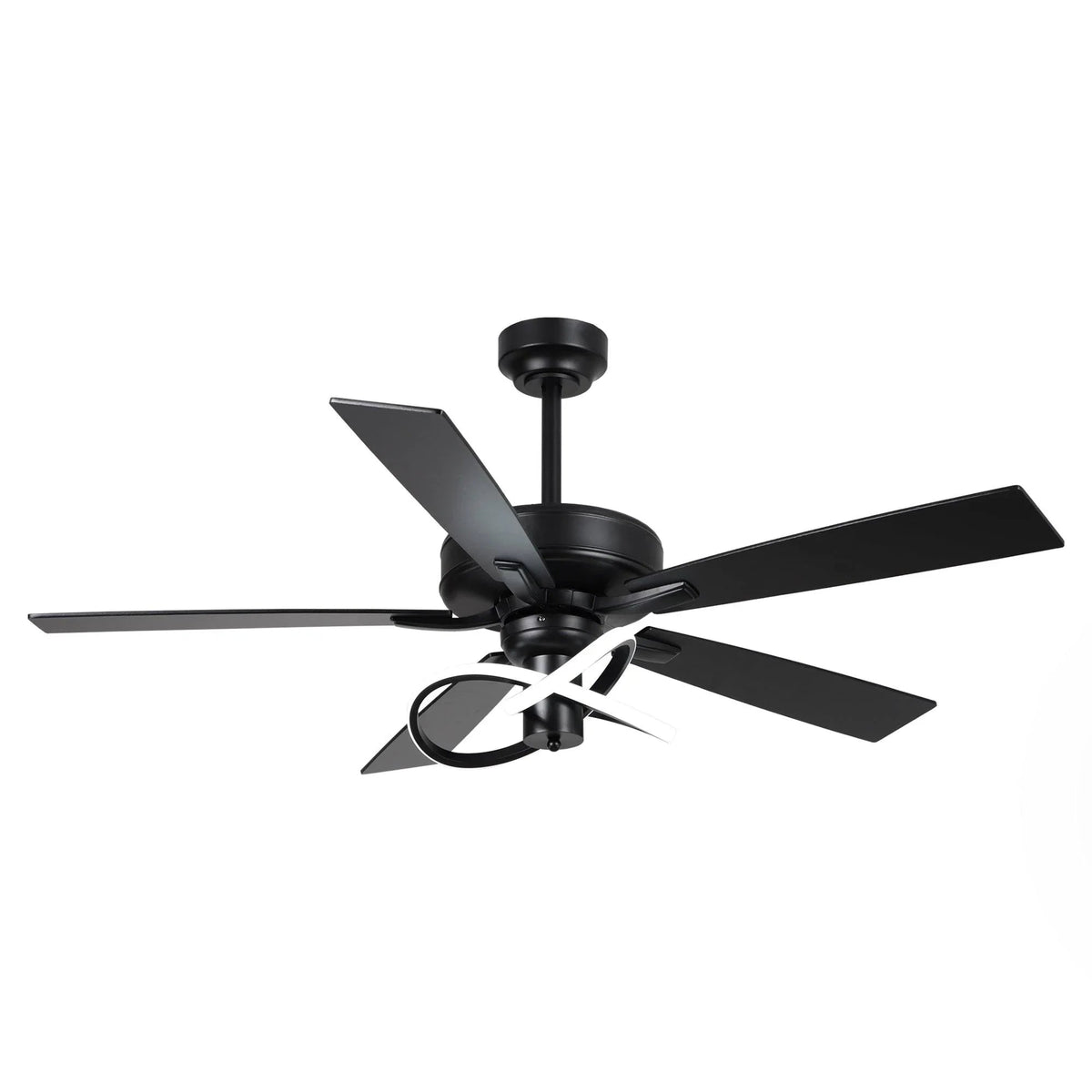 Black ceiling fan with five blades and central LED light fixture on downrod