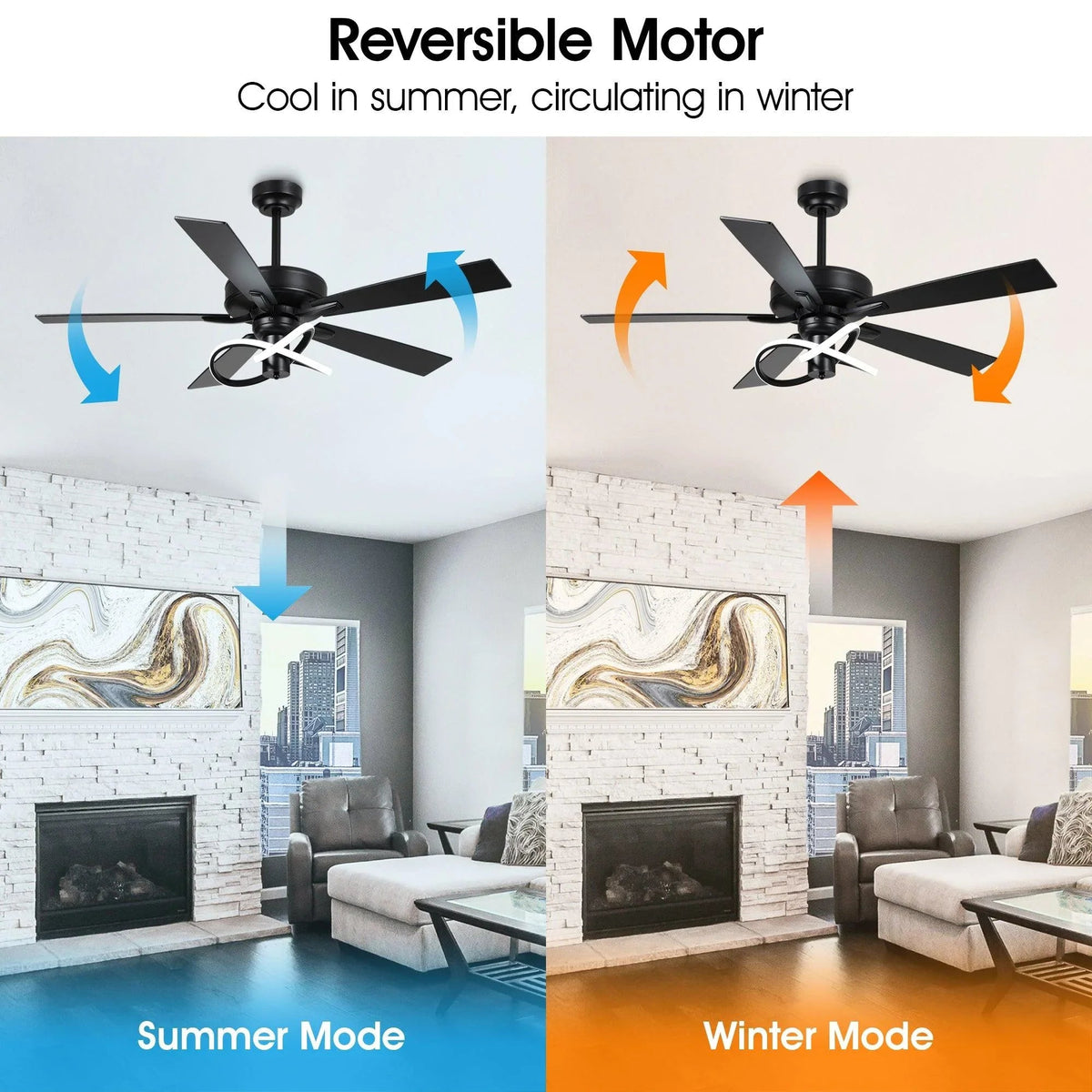Ceiling fan with reversible airflow arrows for seasonal air circulation.