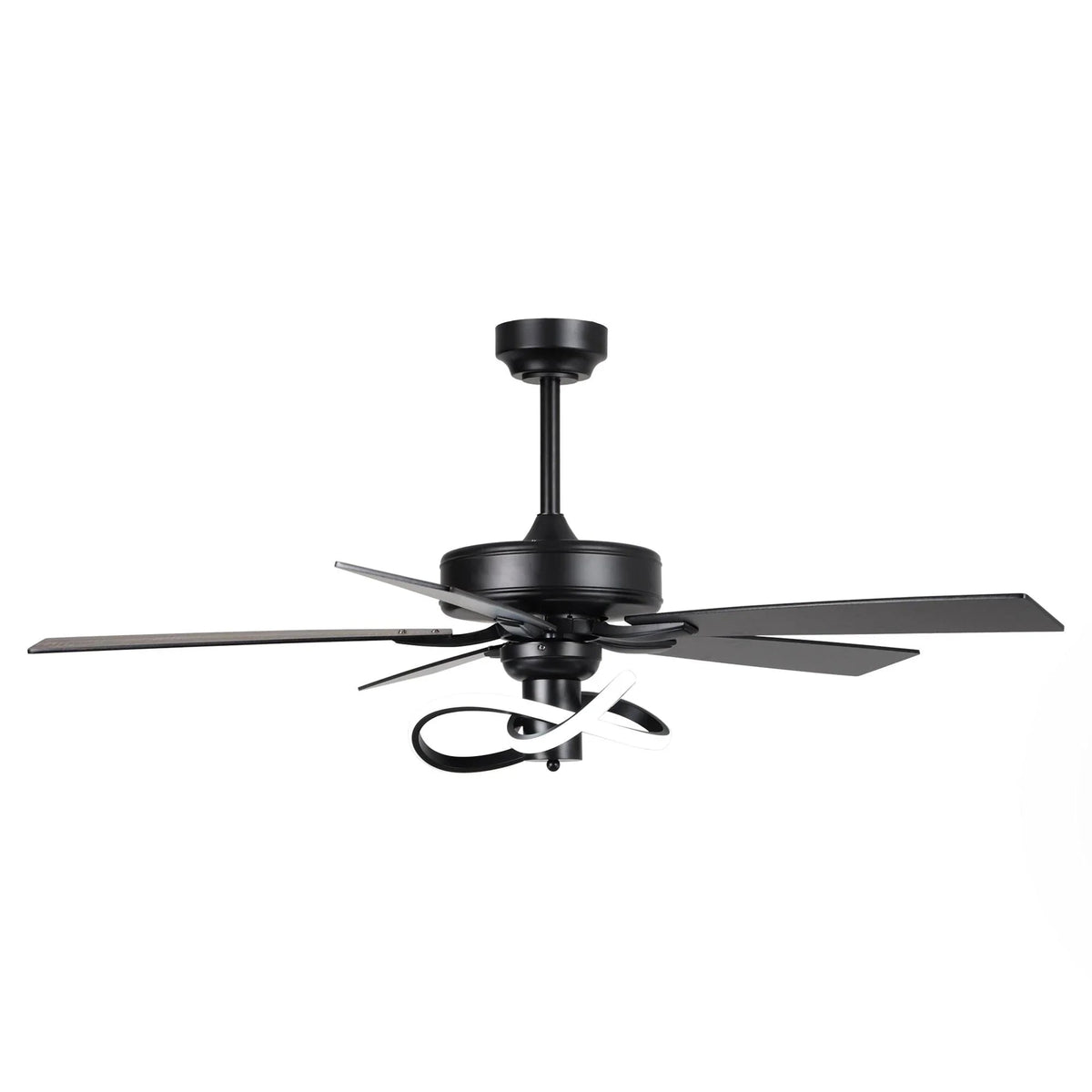 Black ceiling fan with wood-look blades and LED light ring, isolated on white