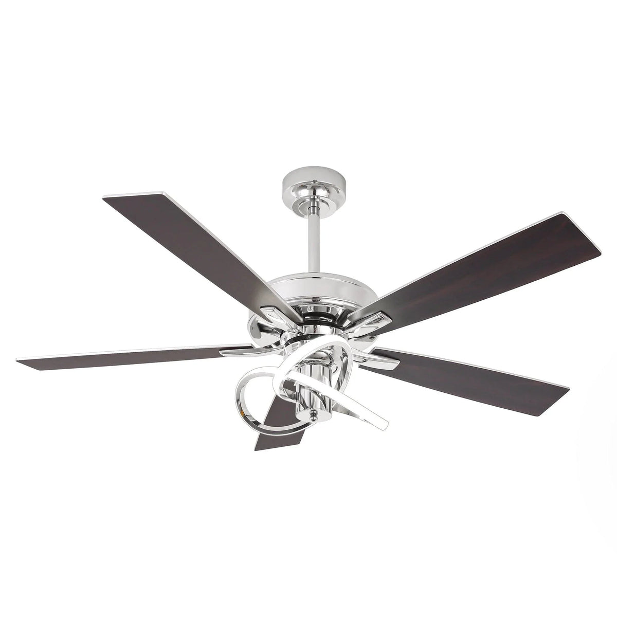 Chrome ceiling fan with four dark blades and LED light fixture on a downrod.