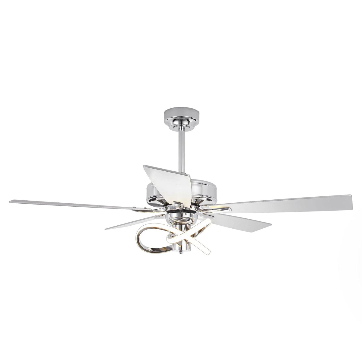 Ceiling fan with light-colored blades, chrome housing, and LED light fixture