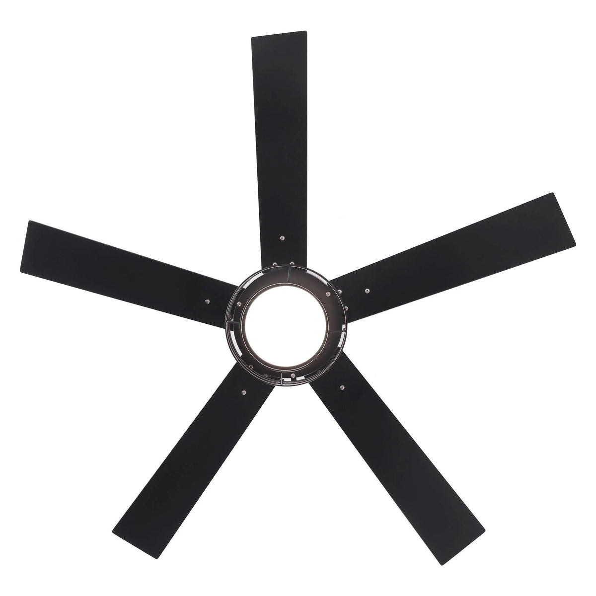 Black ceiling fan with five blades and circular LED light housing