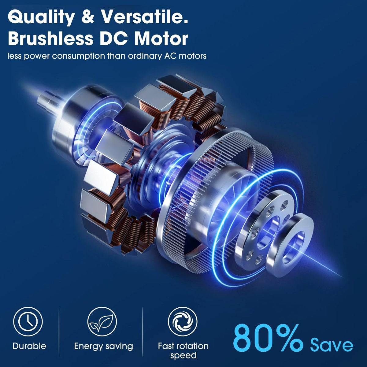 Brushless DC motor illustration with blue glowing internal components