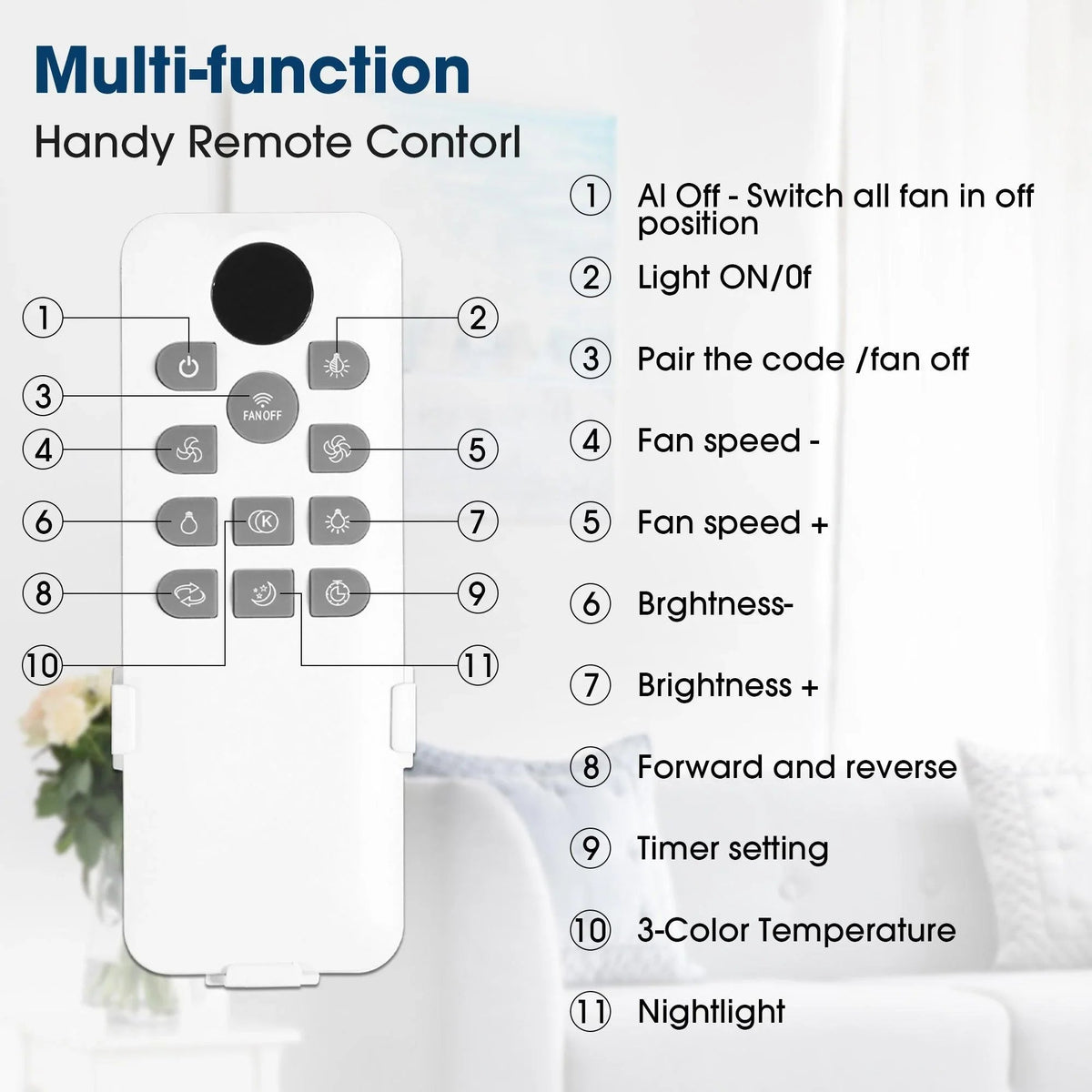 Black and dark wood ceiling fan with five blades and glowing LED light