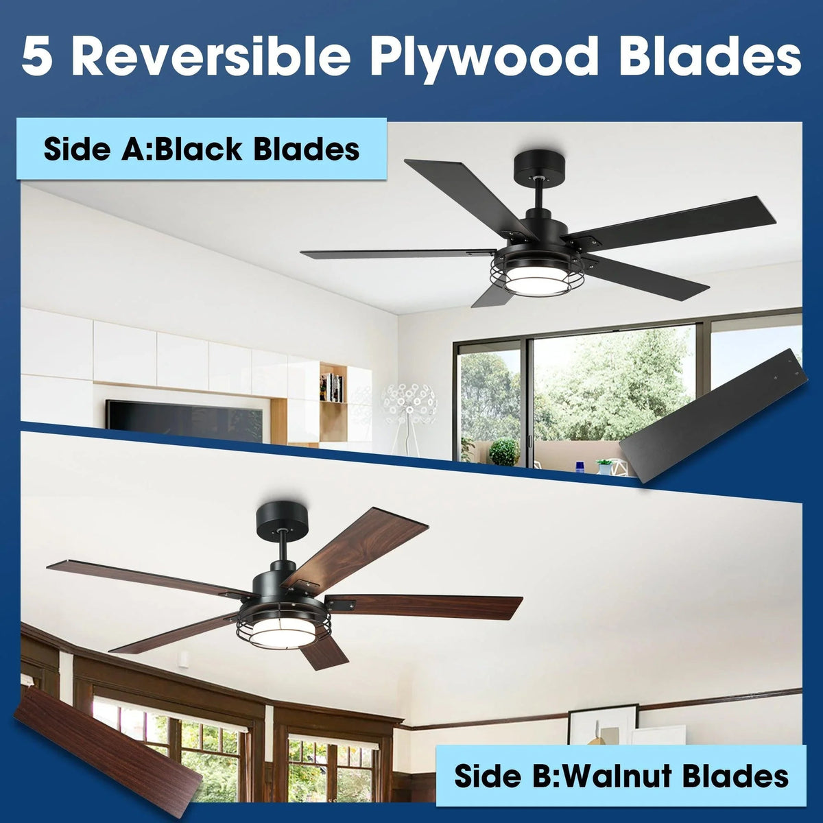 Ceiling fan with reversible plywood blades shown in black and brown styles