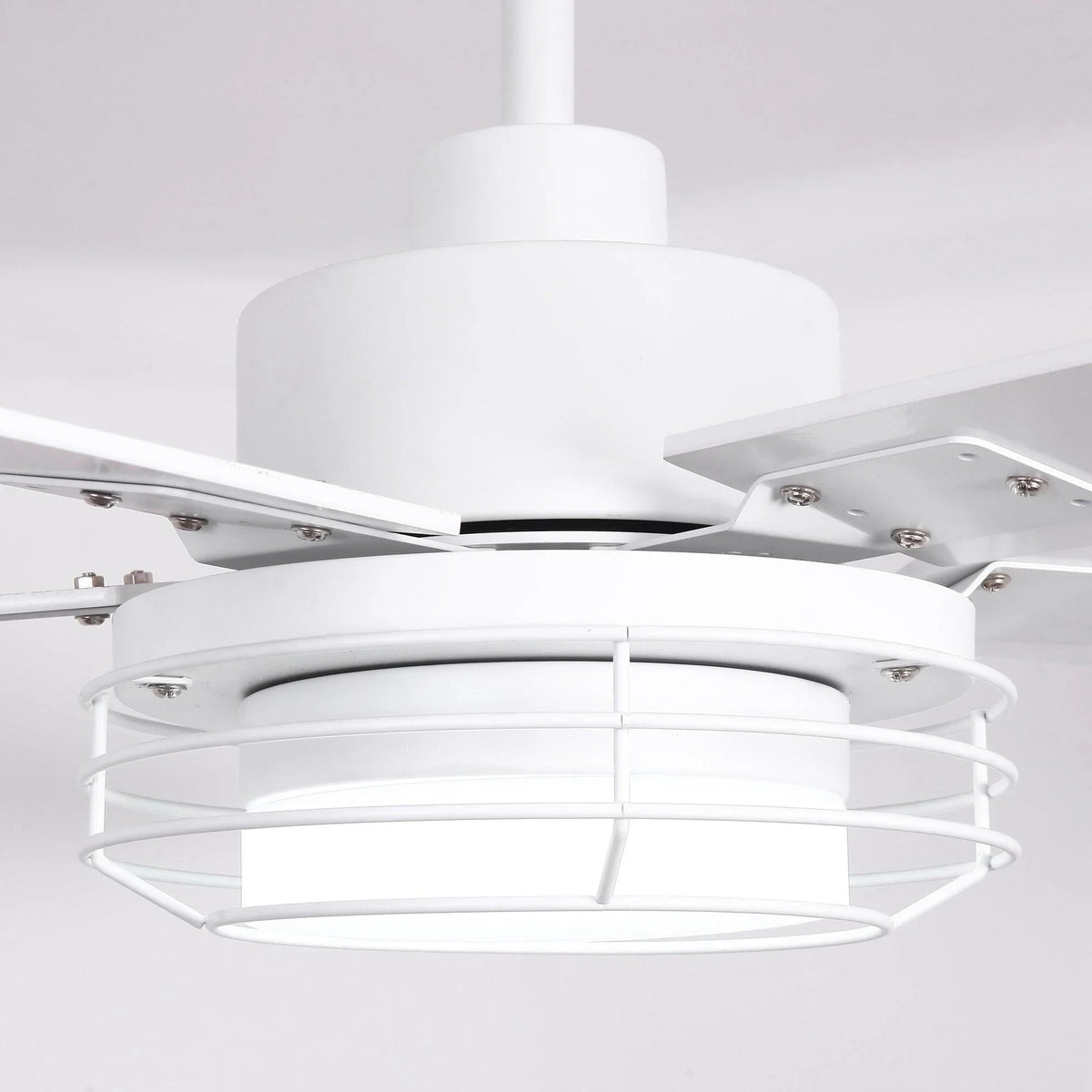 Ceiling fan light cage and white canopy with downrod connection and blade arms