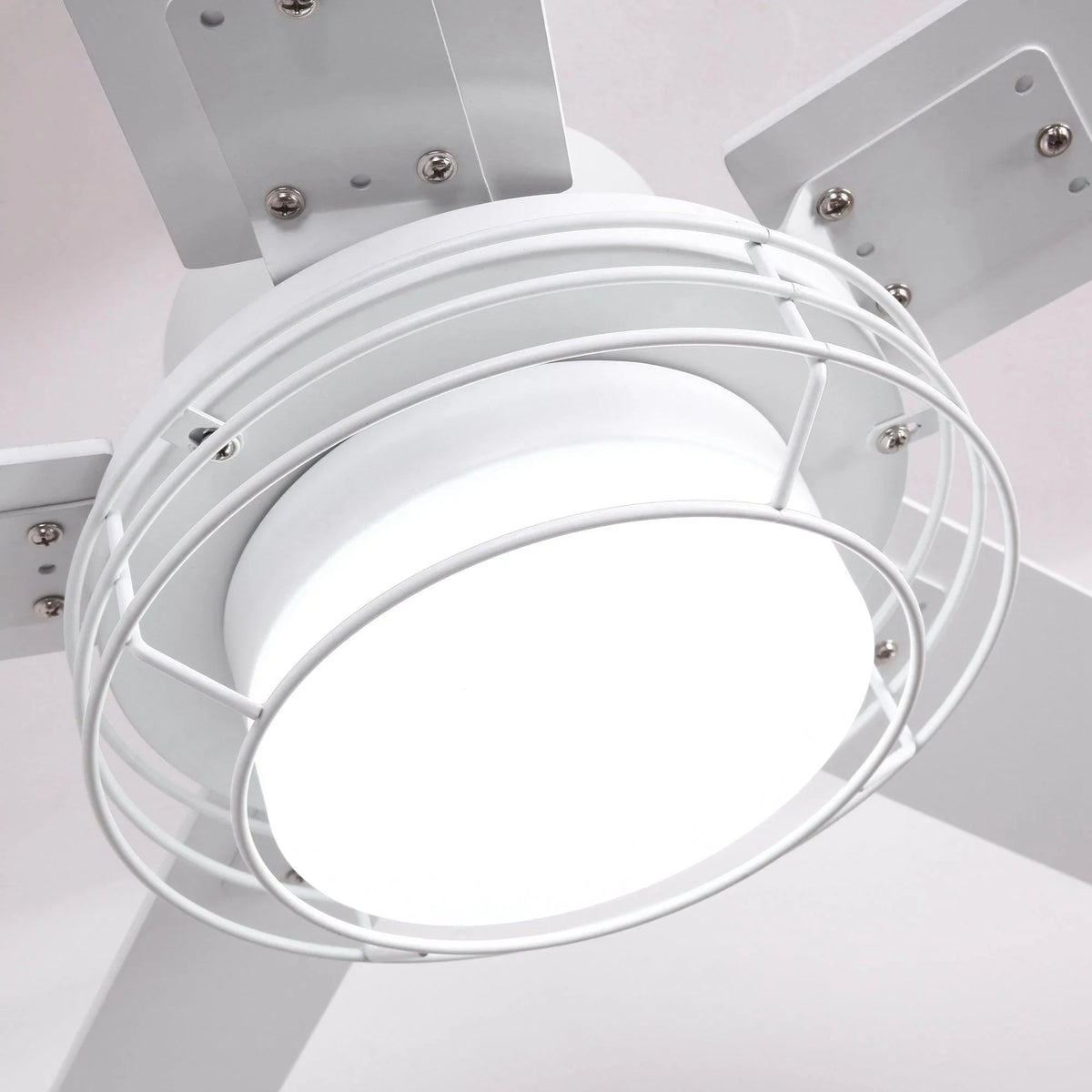 Ceiling fan light cage with white metal rings and mounting bracket components