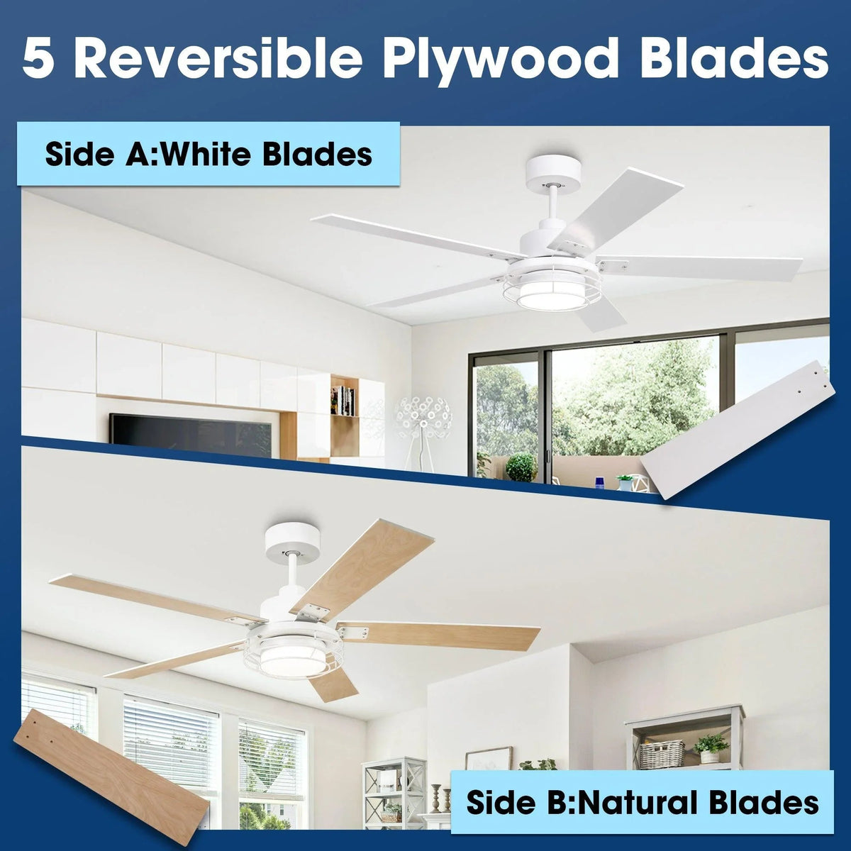 Ceiling fan with reversible plywood blades shown as white side and natural side