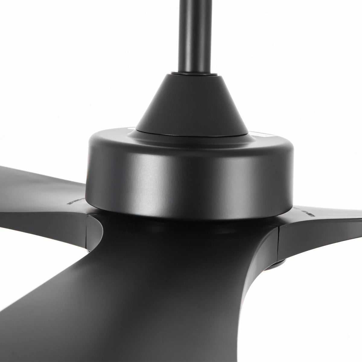 Black ceiling fan motor housing with downrod and smooth fan blades