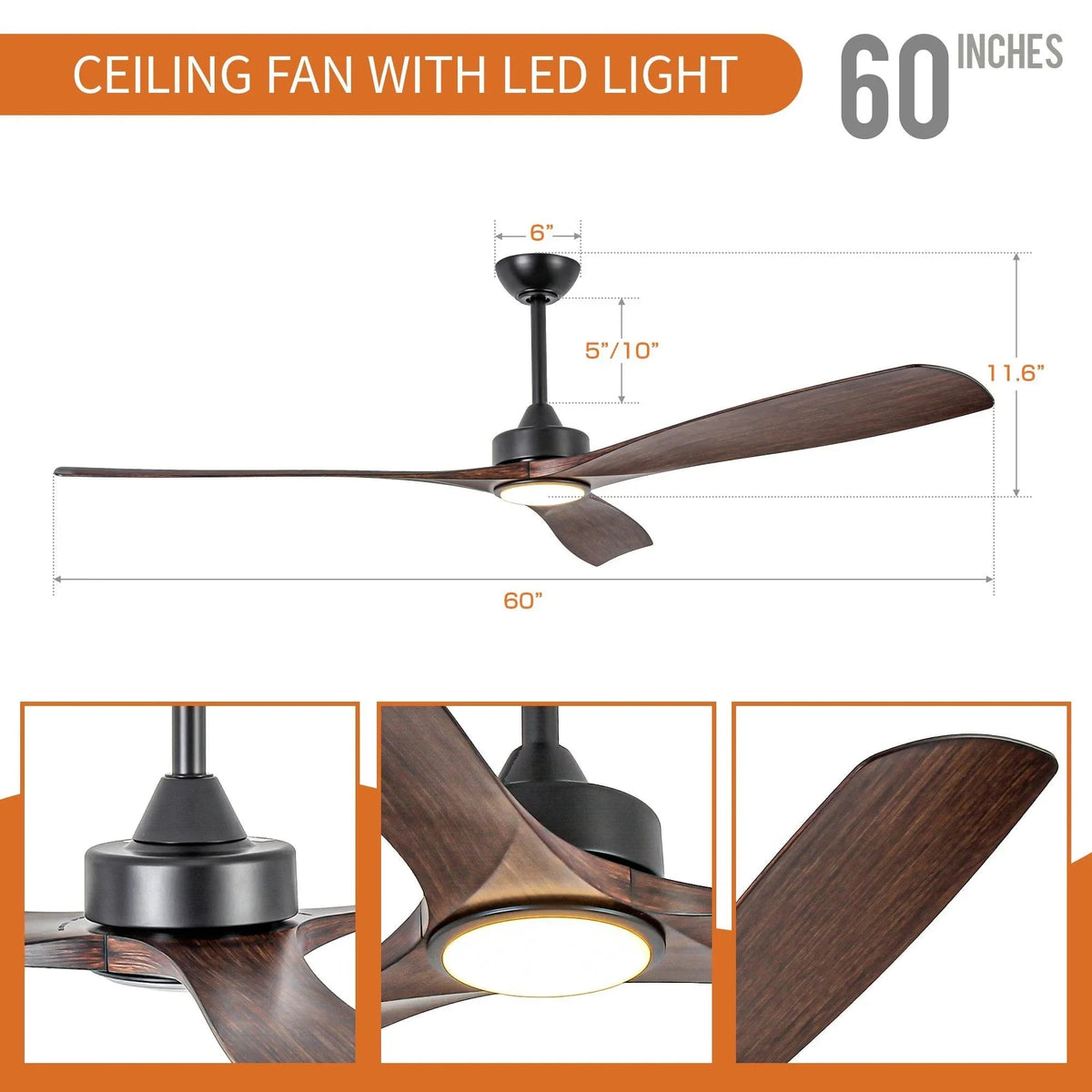 60-inch ceiling fan with LED light, black housing and dark wood-style blades