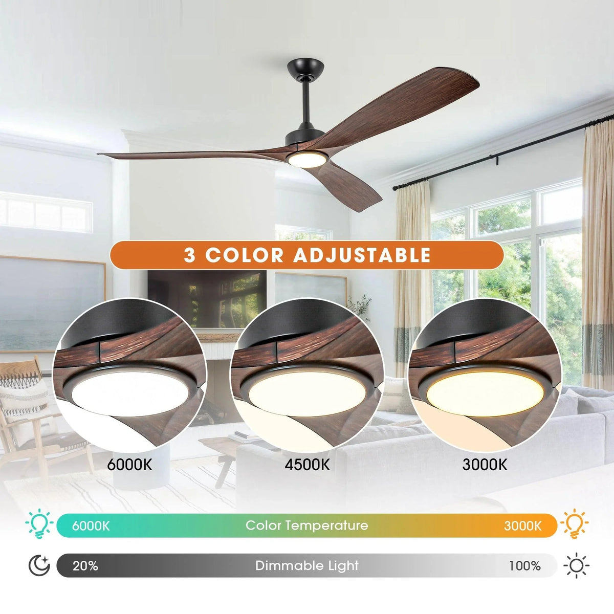 Ceiling fan with LED light and dark wood-style blades, three color temperature lighting modes
