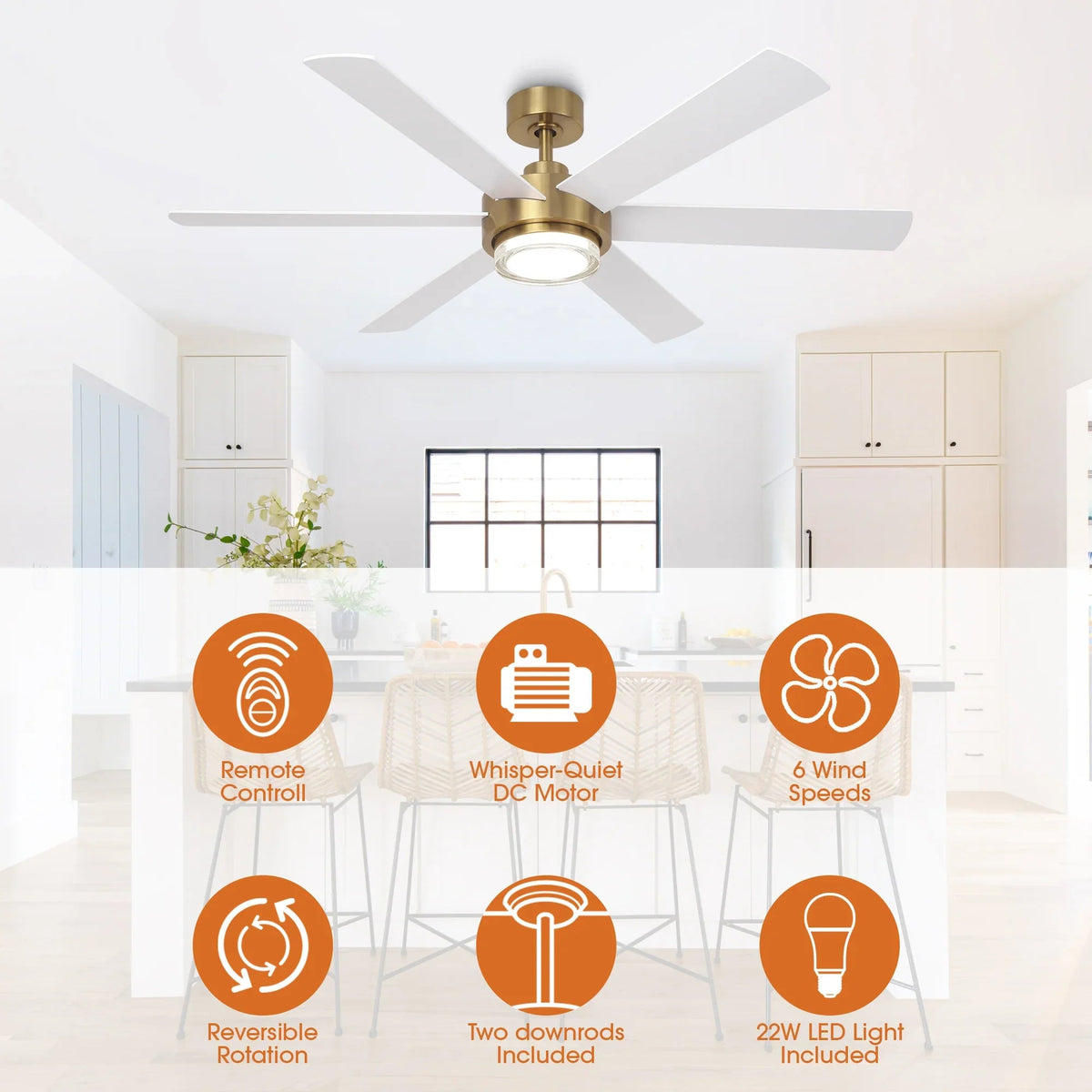 Golden ceiling fan with remote control icons and LED light feature