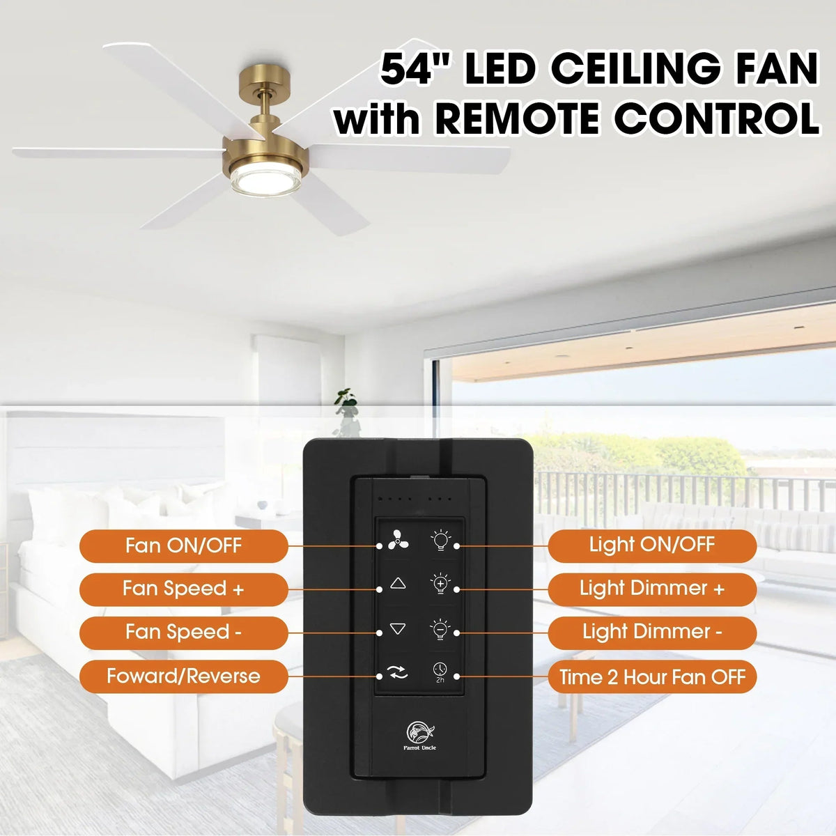 Parrot Uncle 54-Inch Kama Modern Downrod Mount Ceiling Fan with Remote Control and LED Light (F6005GD)