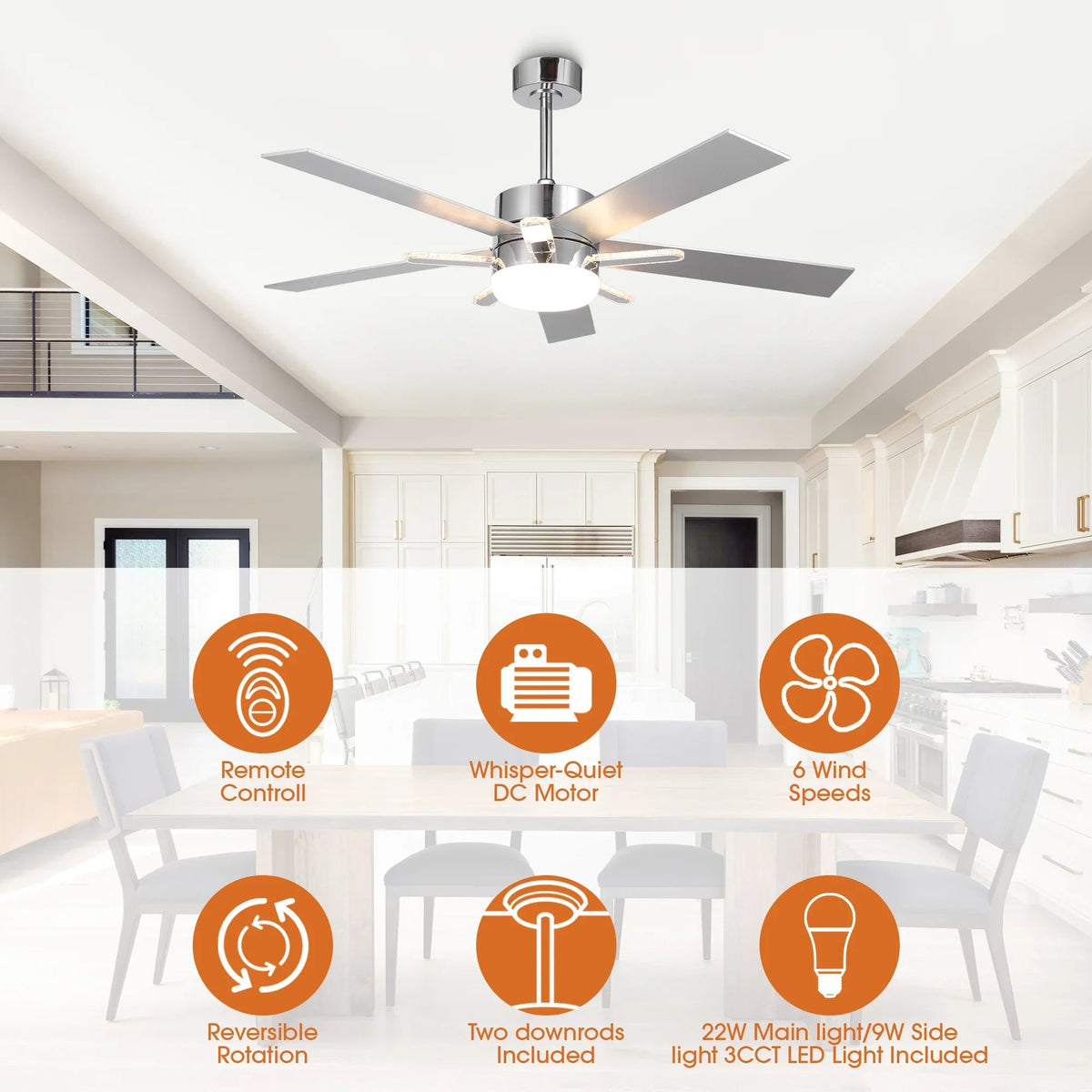Chrome LED ceiling fan with remote-control icons for fan speed and light control
