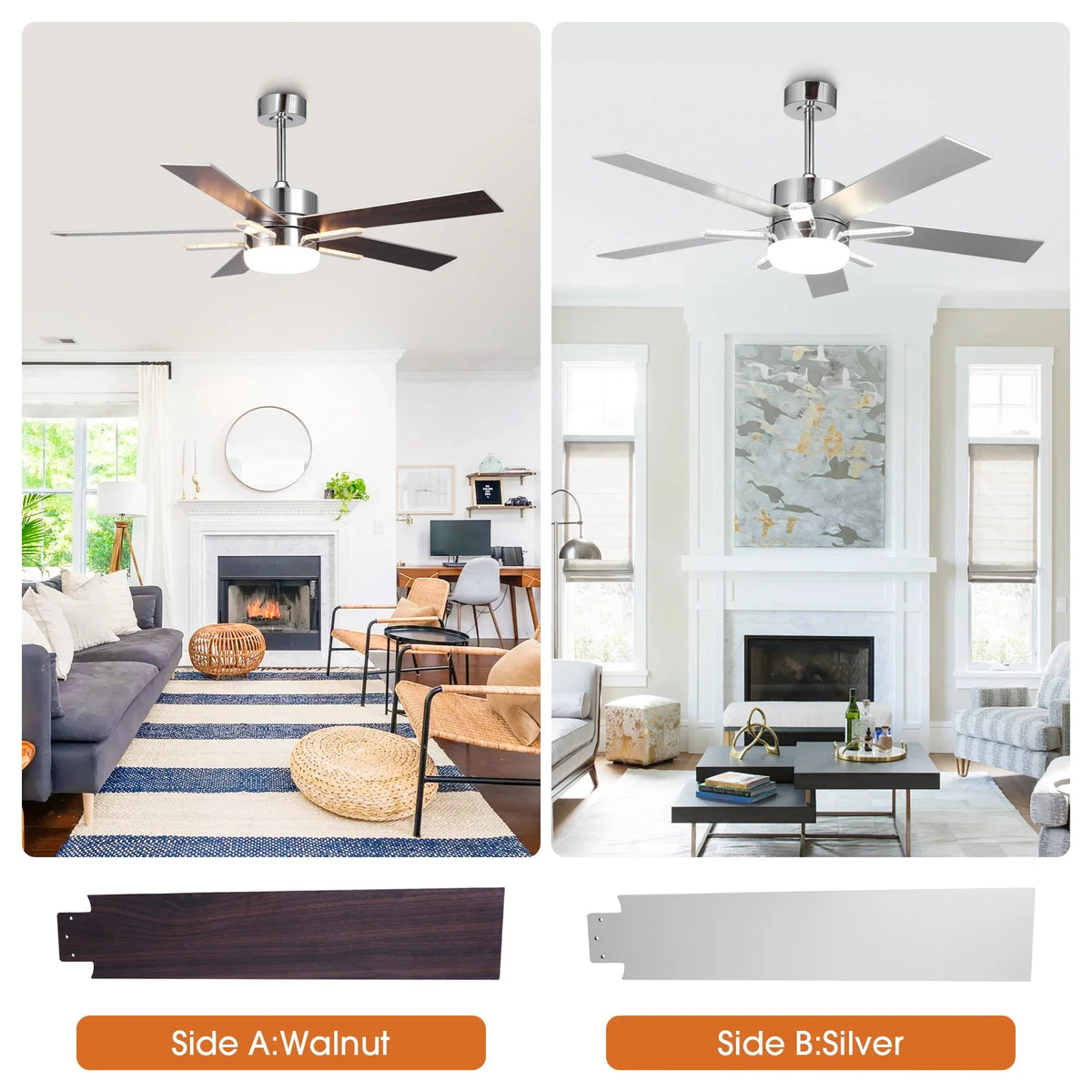 Chrome LED ceiling fan showing double-sided blades in walnut and silver finishes