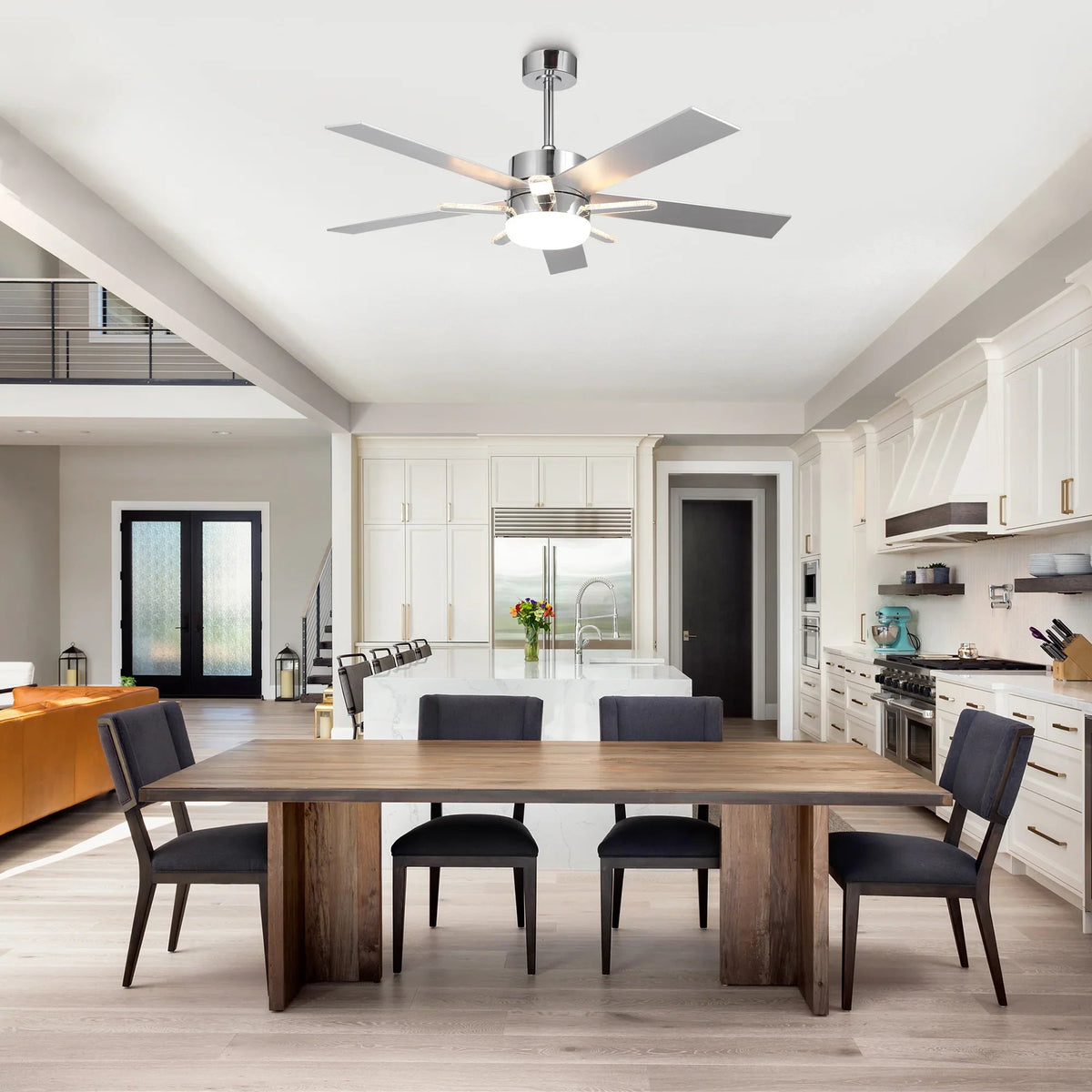 Chrome LED ceiling fan with five reversible-style blades and integrated light kit