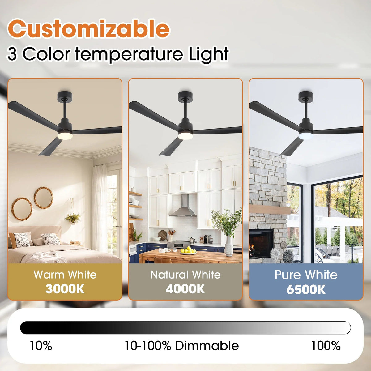 Ceiling fan with wood blades and LED light panel for selectable warm, natural, and cool tones