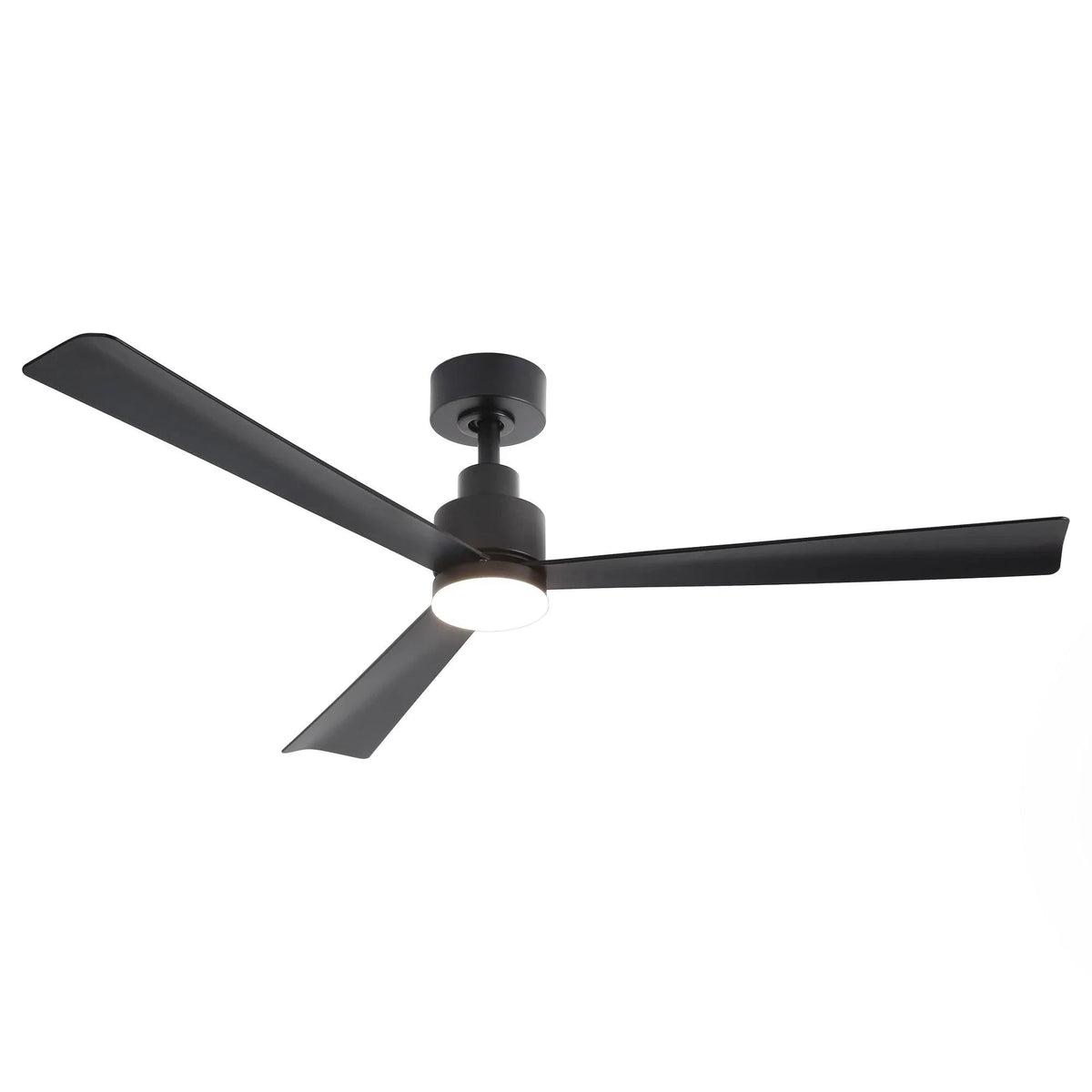 Black 4-blade downrod ceiling fan with integrated LED light under fan housing