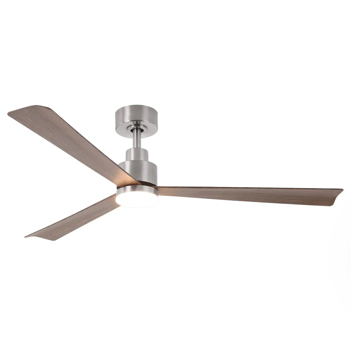Satin nickel 4-blade downrod ceiling fan with warm LED light and wood-finish blades